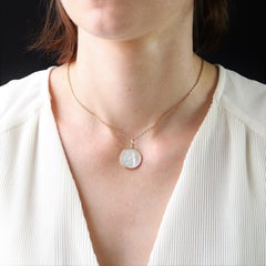 French Modern Mother-of-pearl 18 Karat Yellow Gold Angel with Lamb Medal Pendant