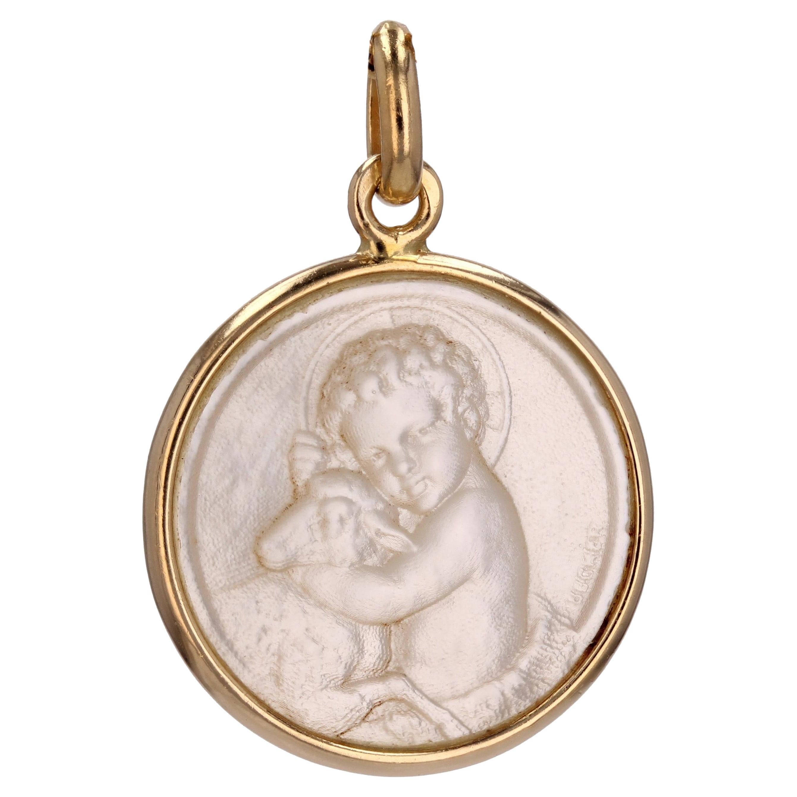 French Modern Mother-of-pearl 18 Karat Yellow Gold Angel with Lamb Medal Pendant