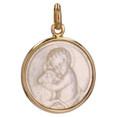 French Modern Mother-of-pearl 18 Karat Yellow Gold Angel with Lamb Medal Pendant