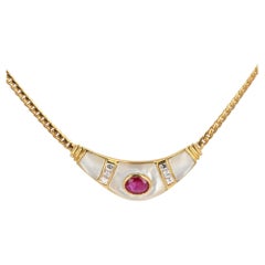 French Modern Mother of Pearl Ruby 18 Karat Yellow Gold Necklace