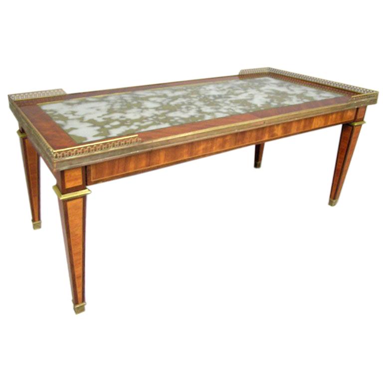 French Modern Neoclassical Brass & Inlaid Woods Coffee Table by Maison Jansen