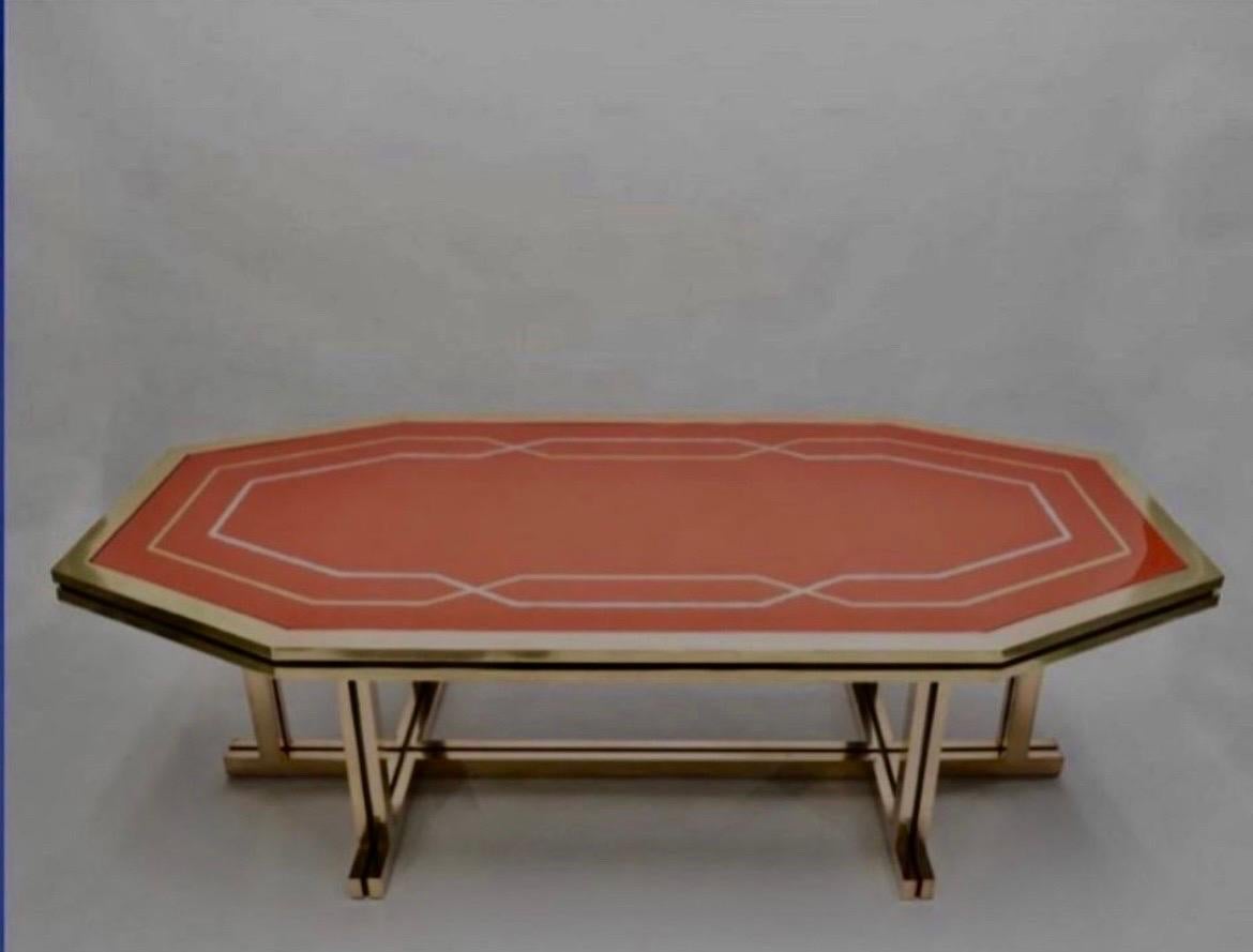 Mid-Century Modern French Modern Neoclassical Brass & Red Lacquer Dining Table, Maison Jansen, 1970 For Sale