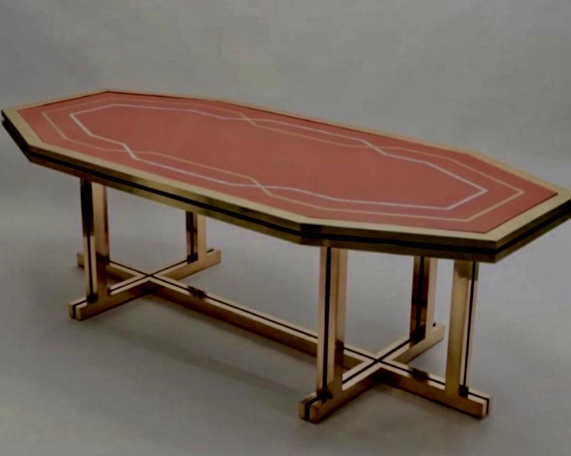 Italian French Modern Neoclassical Brass & Red Lacquer Dining Table, Maison Jansen, 1970 For Sale