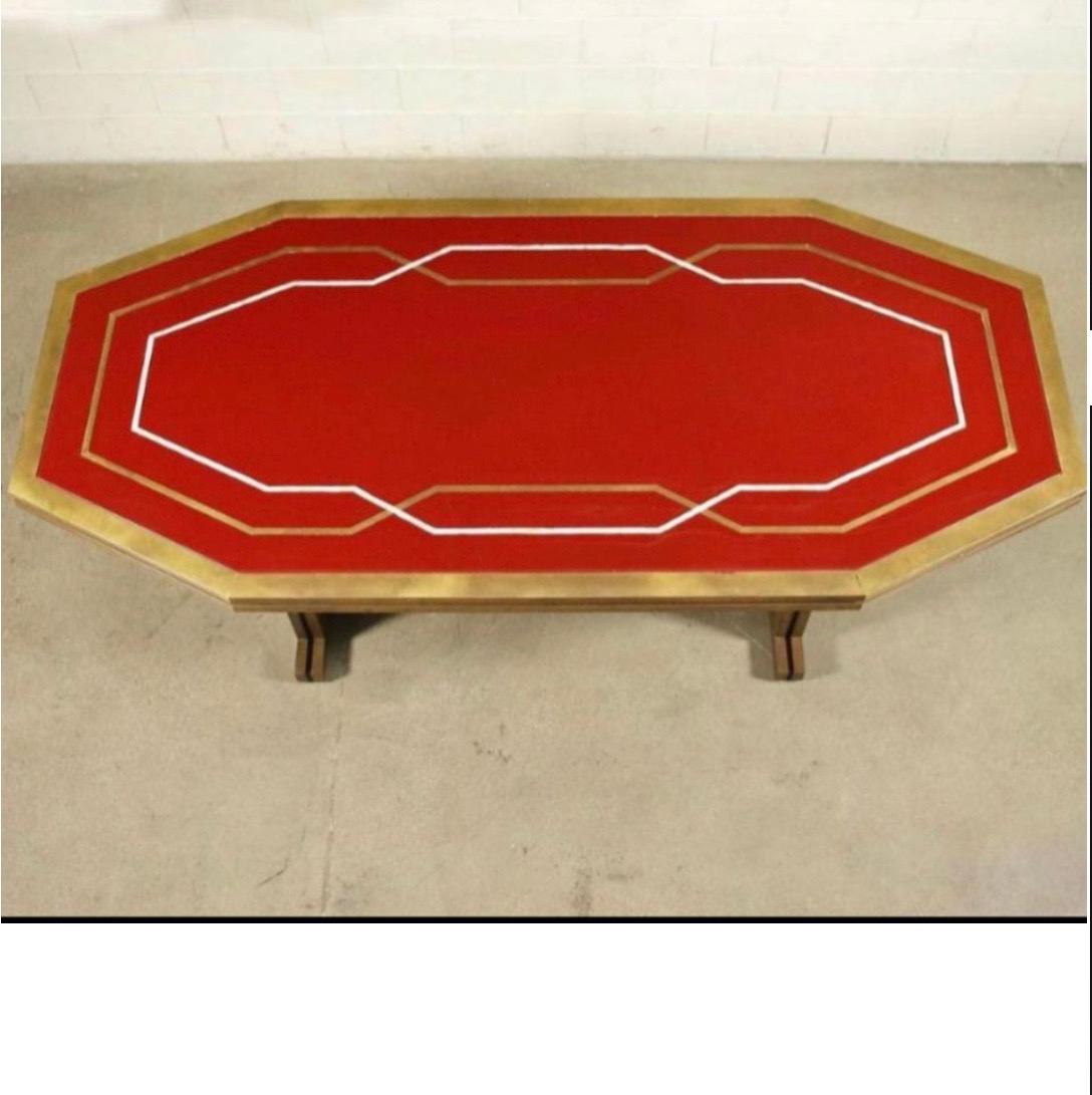 Inlay French Modern Neoclassical Brass & Red Lacquer Dining Table, Maison Jansen, 1970 For Sale