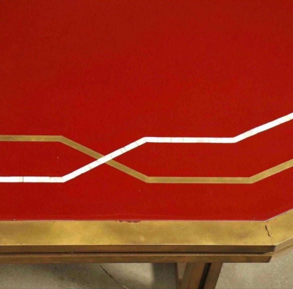 French Modern Neoclassical Brass & Red Lacquer Dining Table, Maison Jansen, 1970 In Good Condition For Sale In New York, NY
