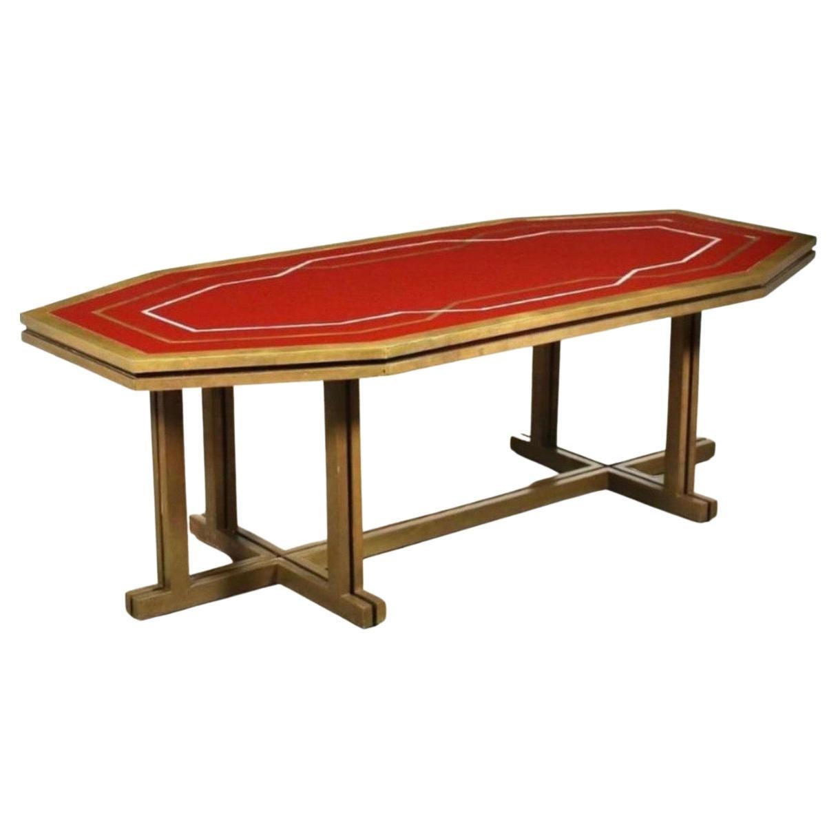 French Modern Neoclassical Brass & Red Lacquer Dining Table, Maison Jansen, 1970 For Sale