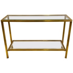 Retro French Modern Neoclassical Double Level Brass Sofa Table or Console Attr. Quinet