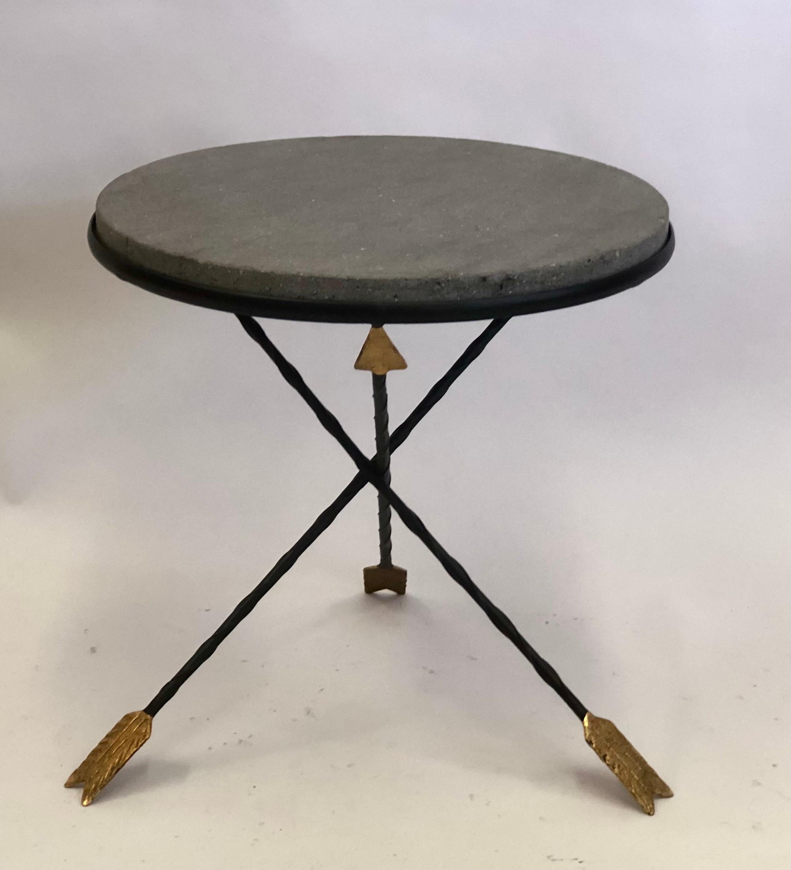 Mid-Century Modern French Modern Neoclassical Gilt Iron & Basalt Stone Side Table by Maison Jansen For Sale