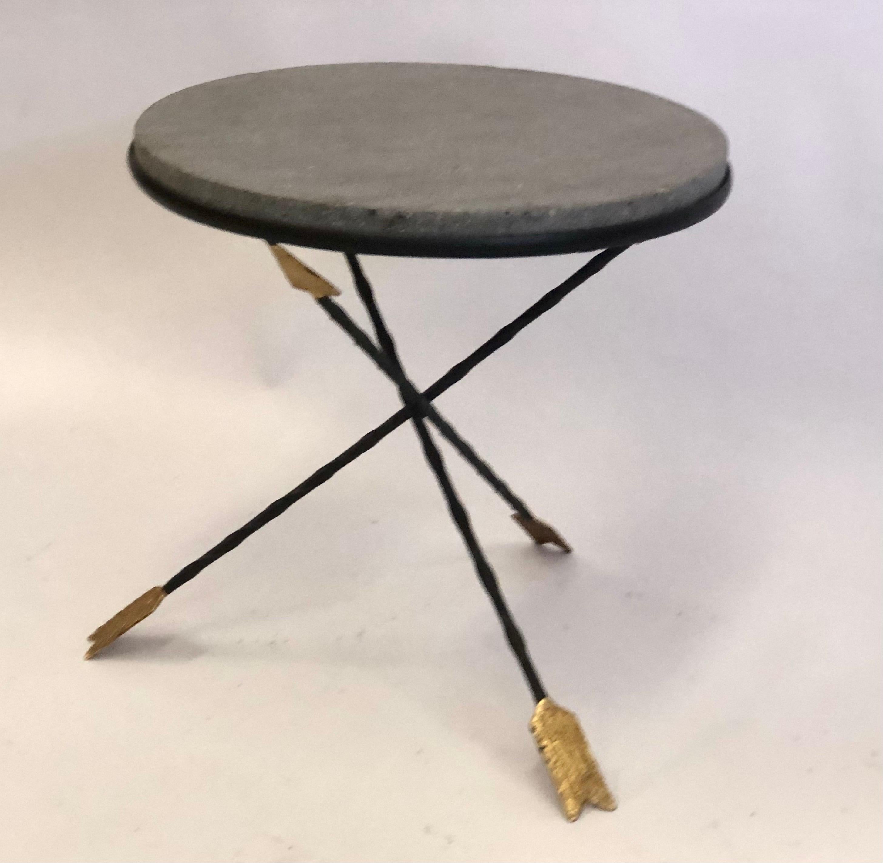20th Century French Modern Neoclassical Gilt Iron & Basalt Stone Side Table by Maison Jansen For Sale