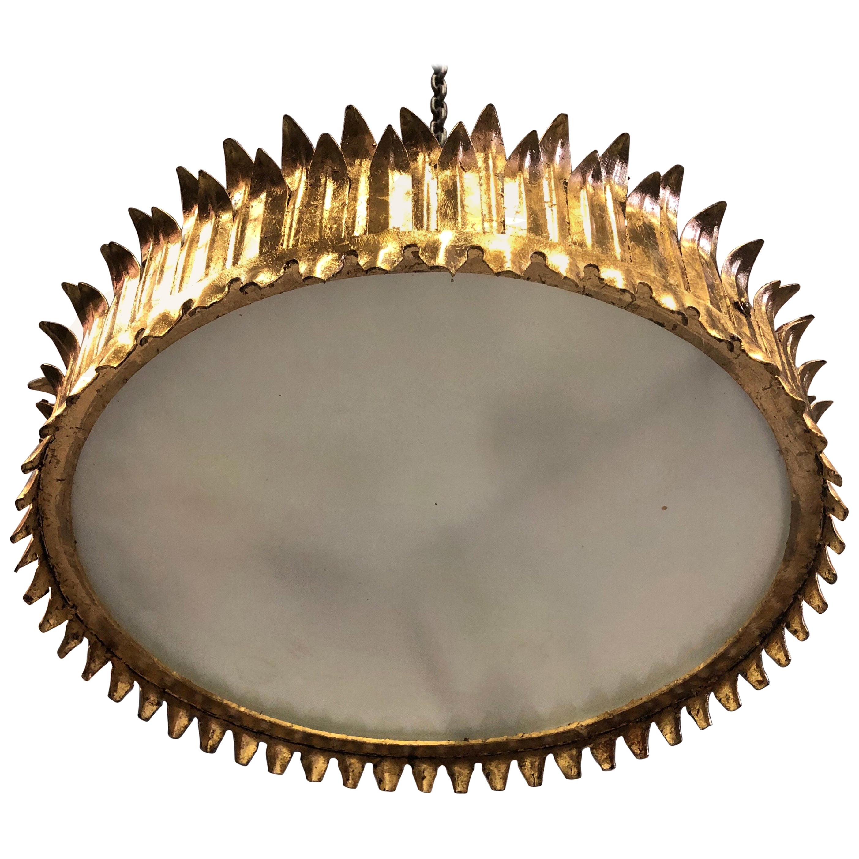 French Modern Neoclassical Gilt Iron 'Crown' or Sunburst Flush Mount or Pendant For Sale
