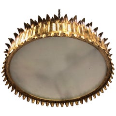 French Modern Neoclassical Gilt Iron 'Crown' or Sunburst Flush Mount or Pendant
