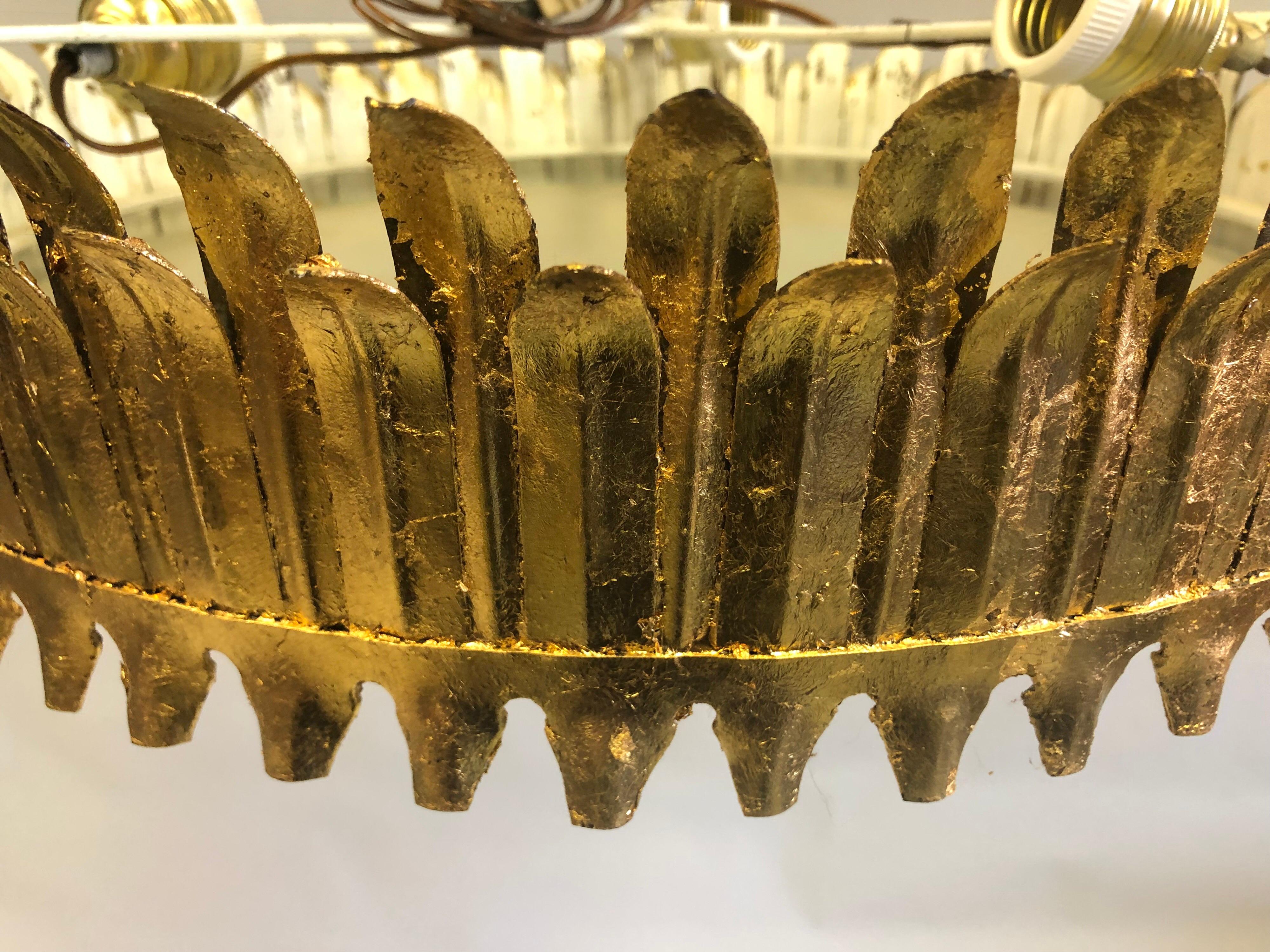 French Modern Neoclassical Gilt Iron 'Crown' or Sunburst Flush Mount or Pendant For Sale 1