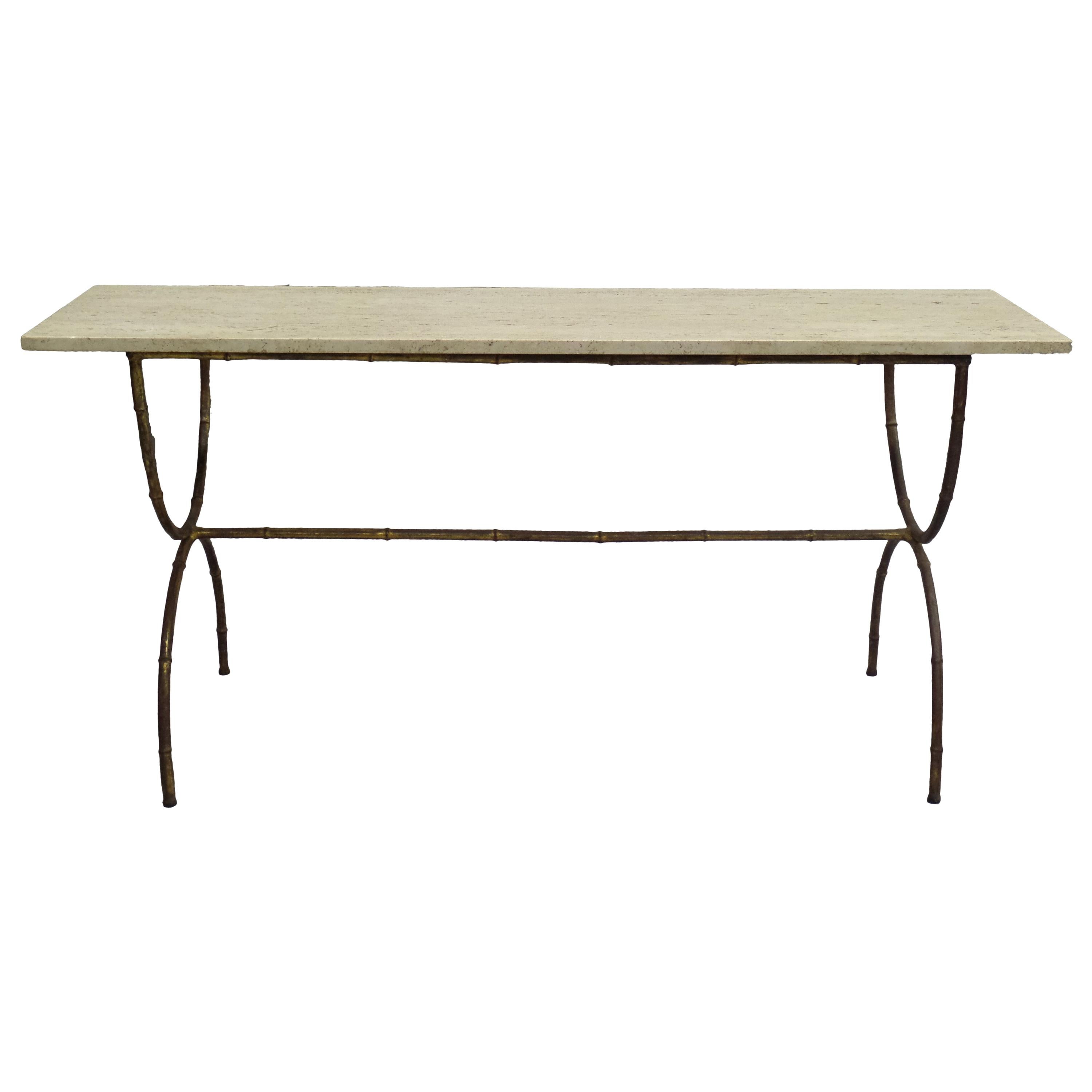 Table de canapé/Console en fer doré et faux bambou de style néoclassique français moderne, Baguès