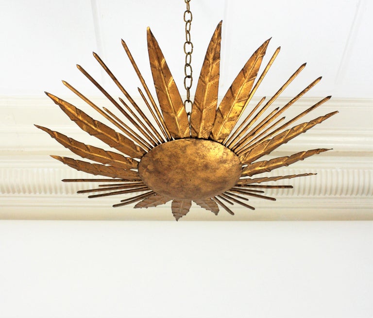 French Modern Neoclassical Gilt Iron Leafed Sunburst Flush Mount Light Fixture