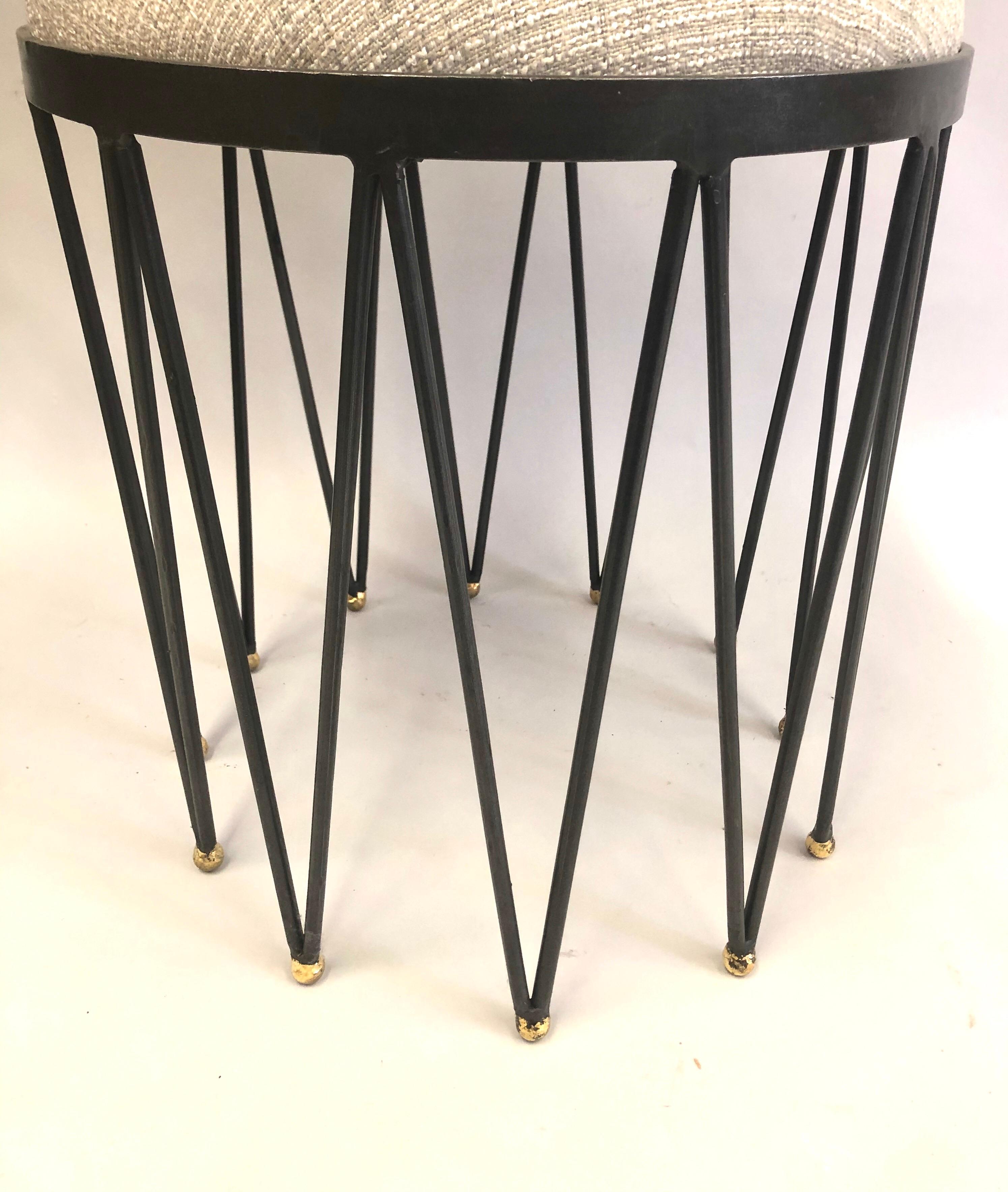 Wrought Iron French Modern Neoclassical Gilt Iron Vanity Stool / Bench, Gilbert Poillerat For Sale