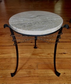 French Mid-Century Modern Neoclassical Gilt Wrought Iron & Travertine Side Table