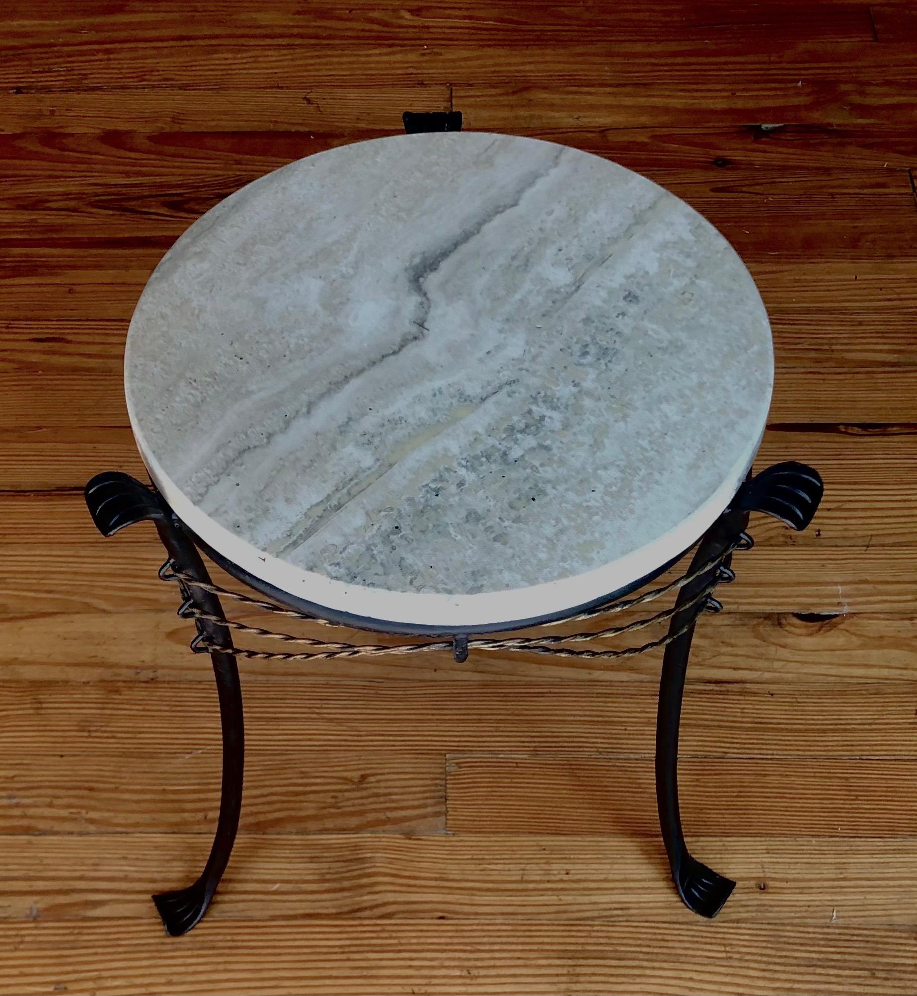 French Mid-Century Modern Neoclassical Gilt Wrought Iron & Travertine Side Table In Good Condition In New York, NY