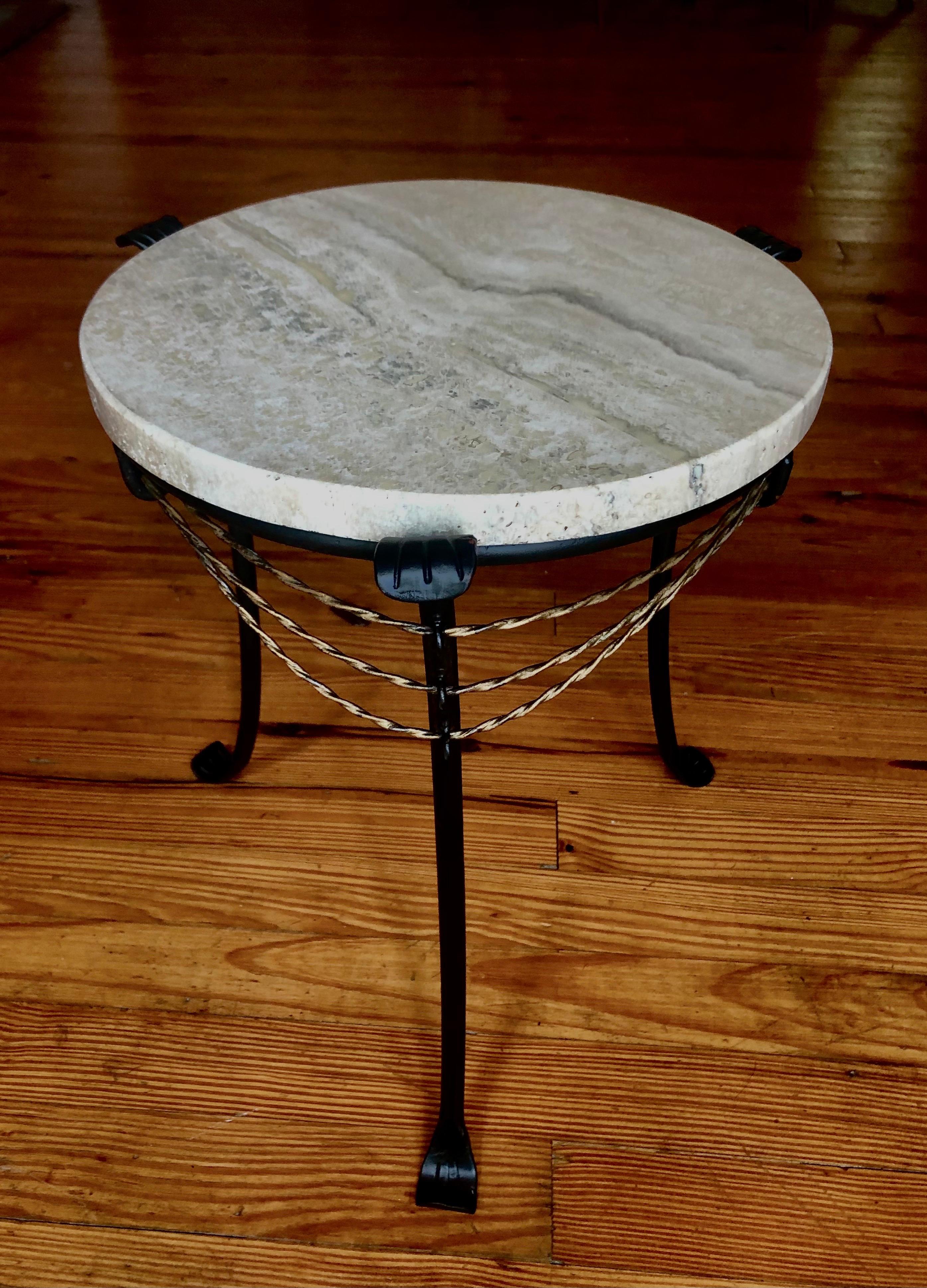 20th Century French Mid-Century Modern Neoclassical Gilt Wrought Iron & Travertine Side Table