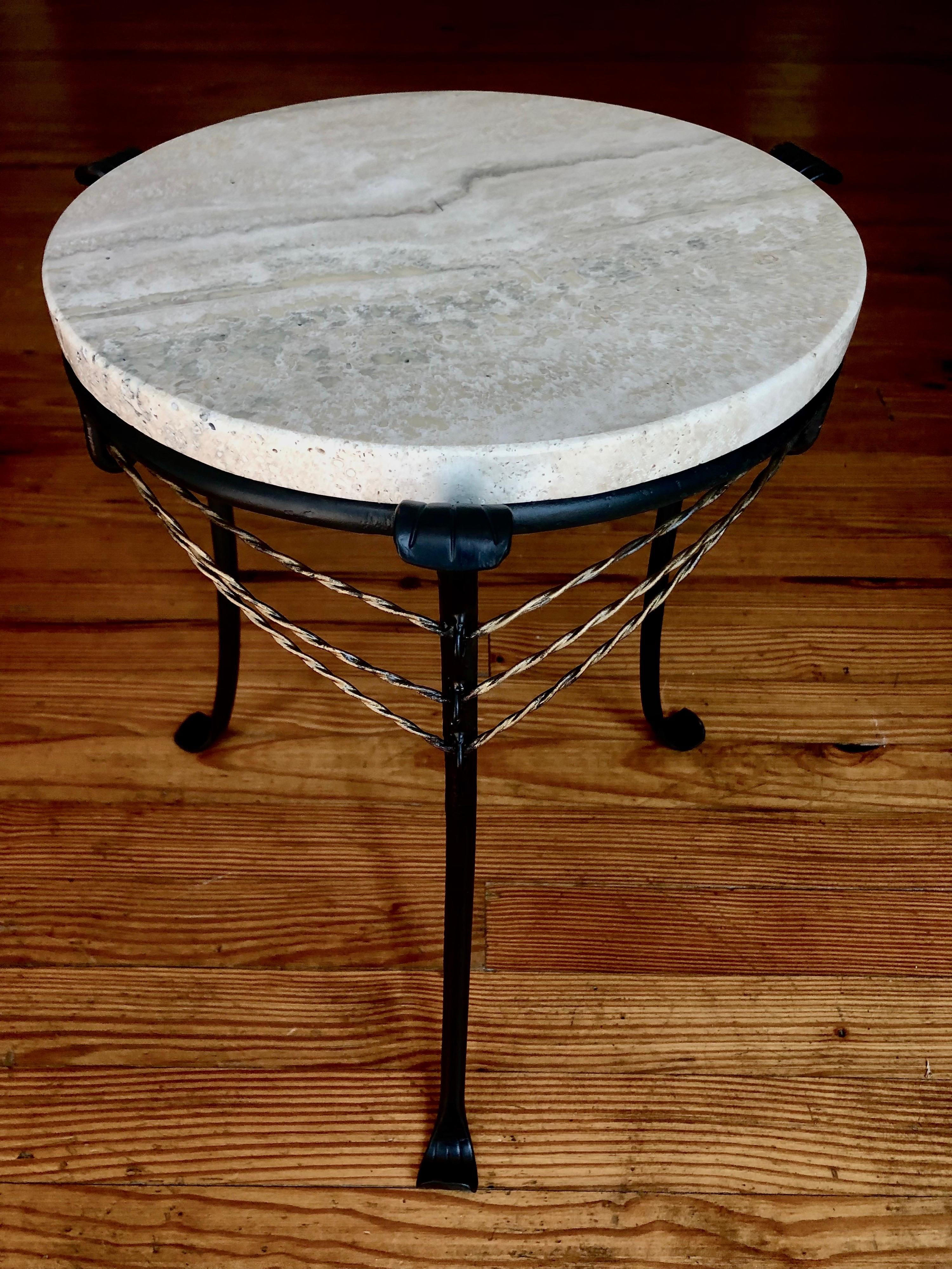 French Mid-Century Modern Neoclassical Gilt Wrought Iron & Travertine Side Table 1