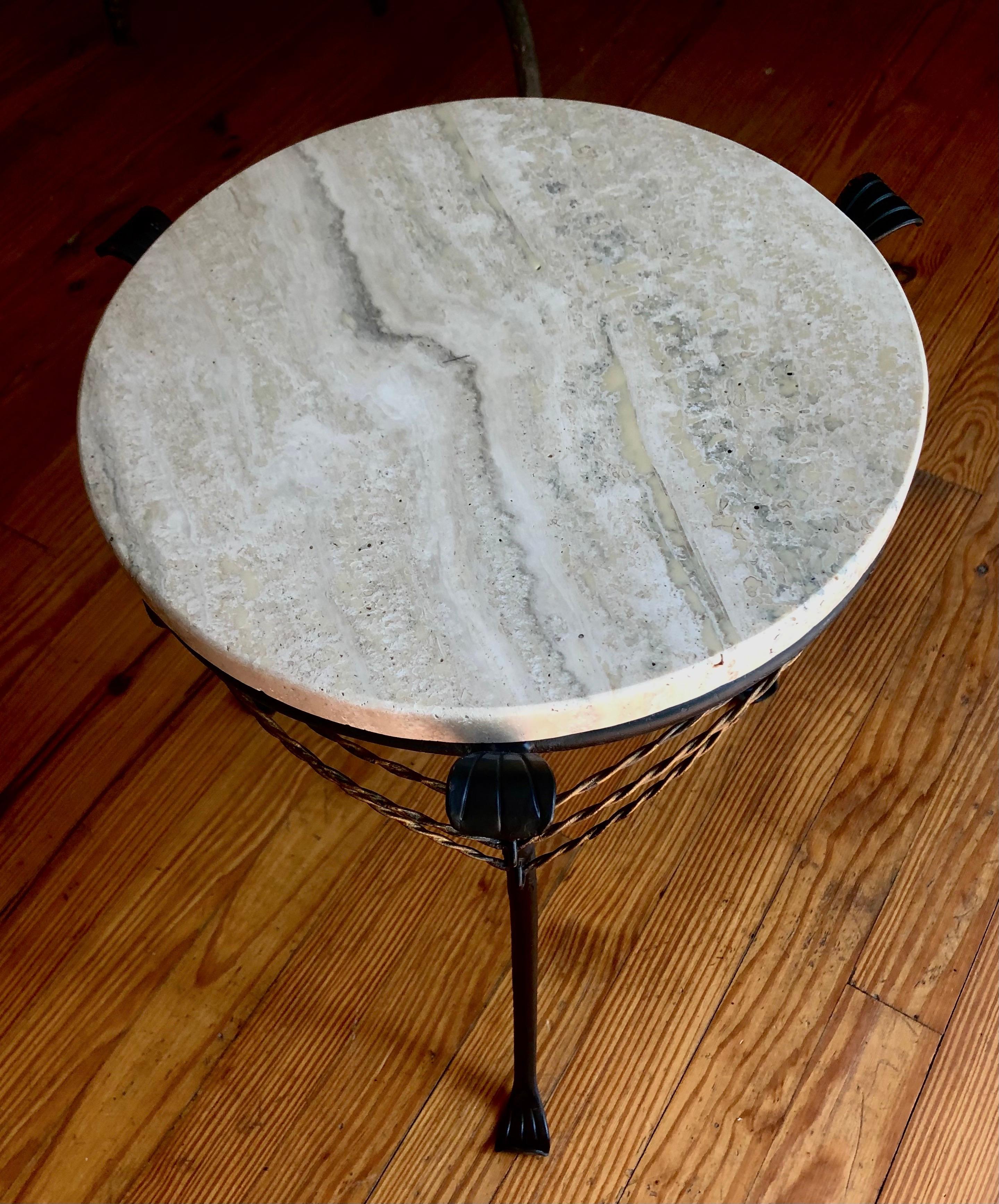 French Mid-Century Modern Neoclassical Gilt Wrought Iron & Travertine Side Table 2