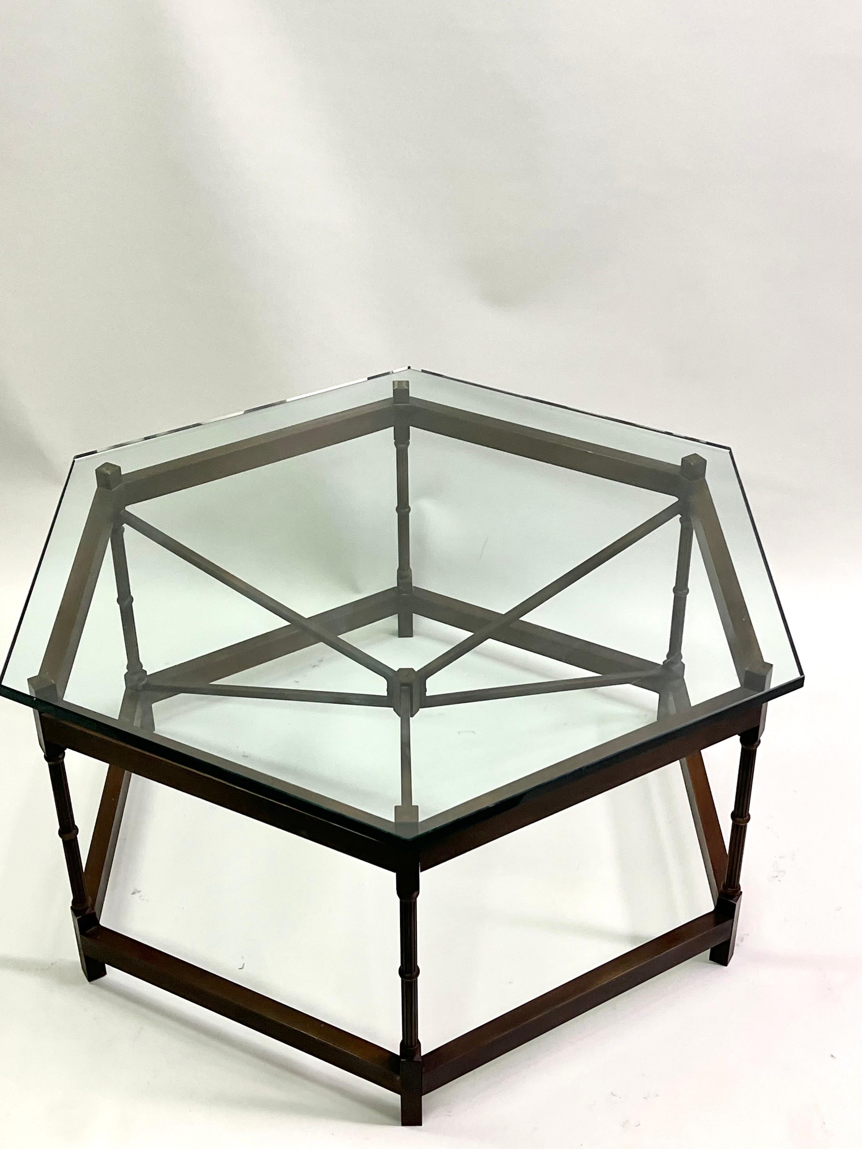 Hand-Crafted French Modern Neoclassical Hexagonal Bronze Cocktail Table, Poillerat & Arbus For Sale