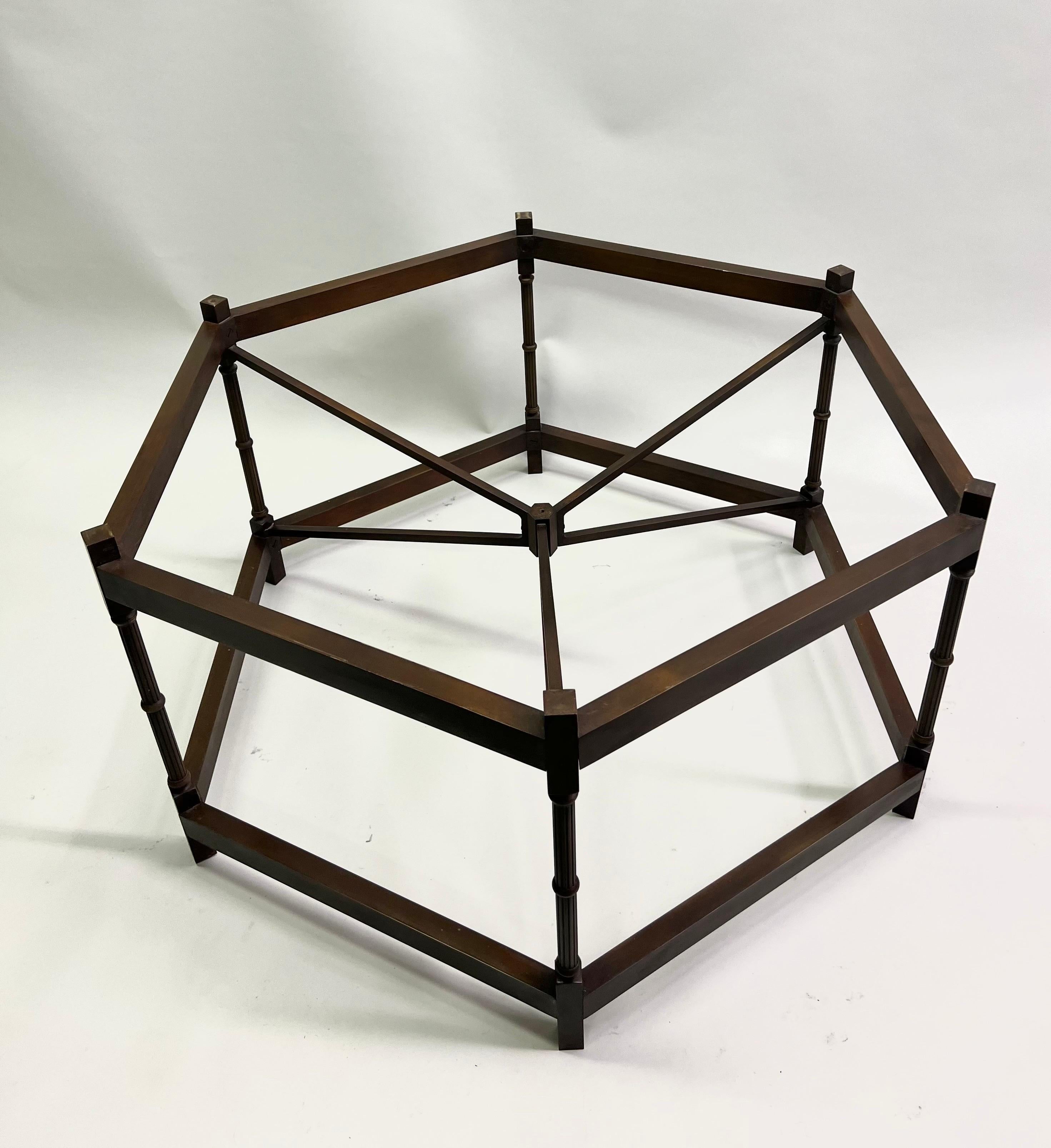 Glass French Modern Neoclassical Hexagonal Bronze Cocktail Table, Poillerat & Arbus For Sale