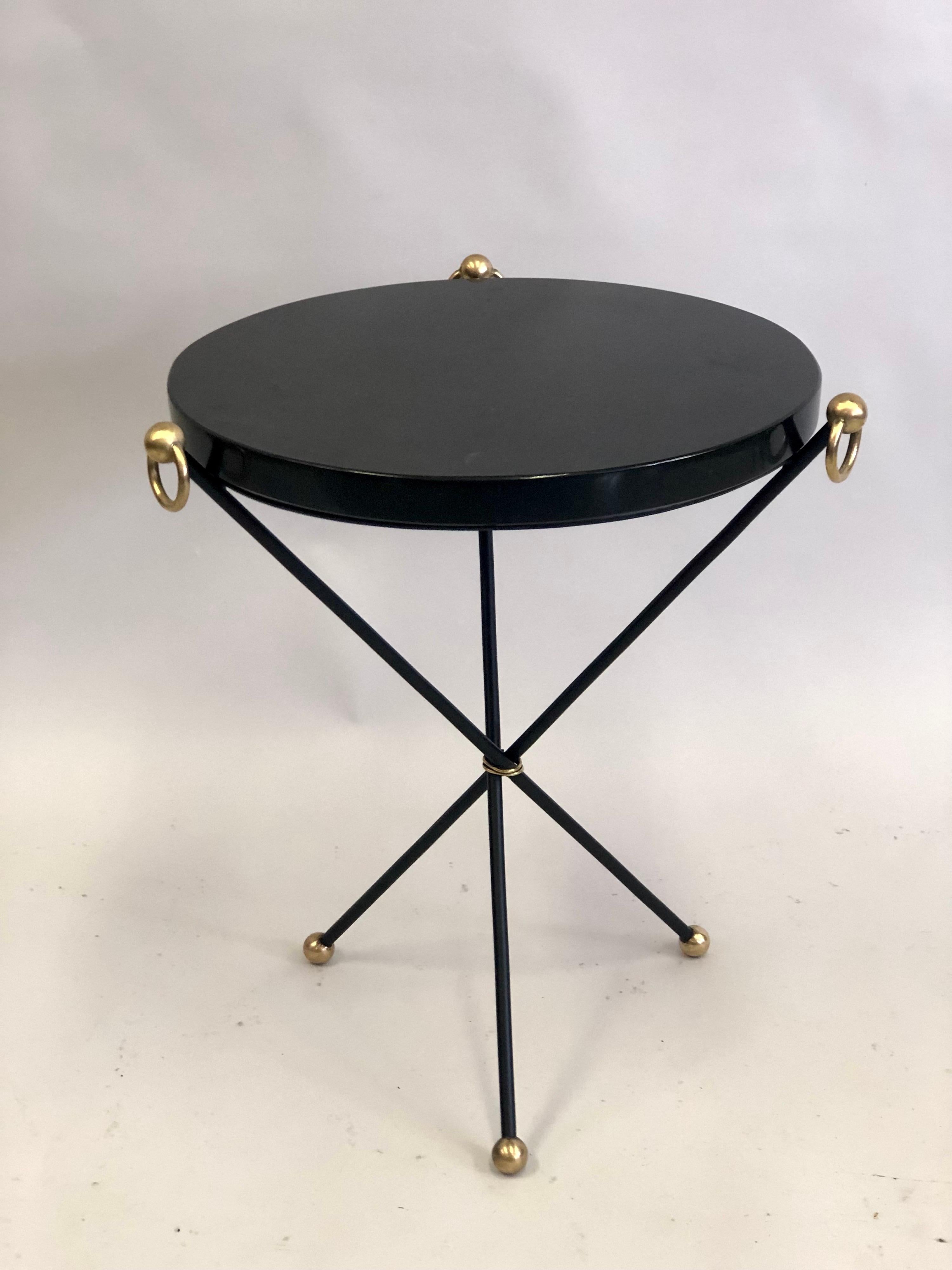Mid-Century Modern French Modern Neoclassical Iron, Brass & Stone Side Table Attr. to Jacques Adnet For Sale