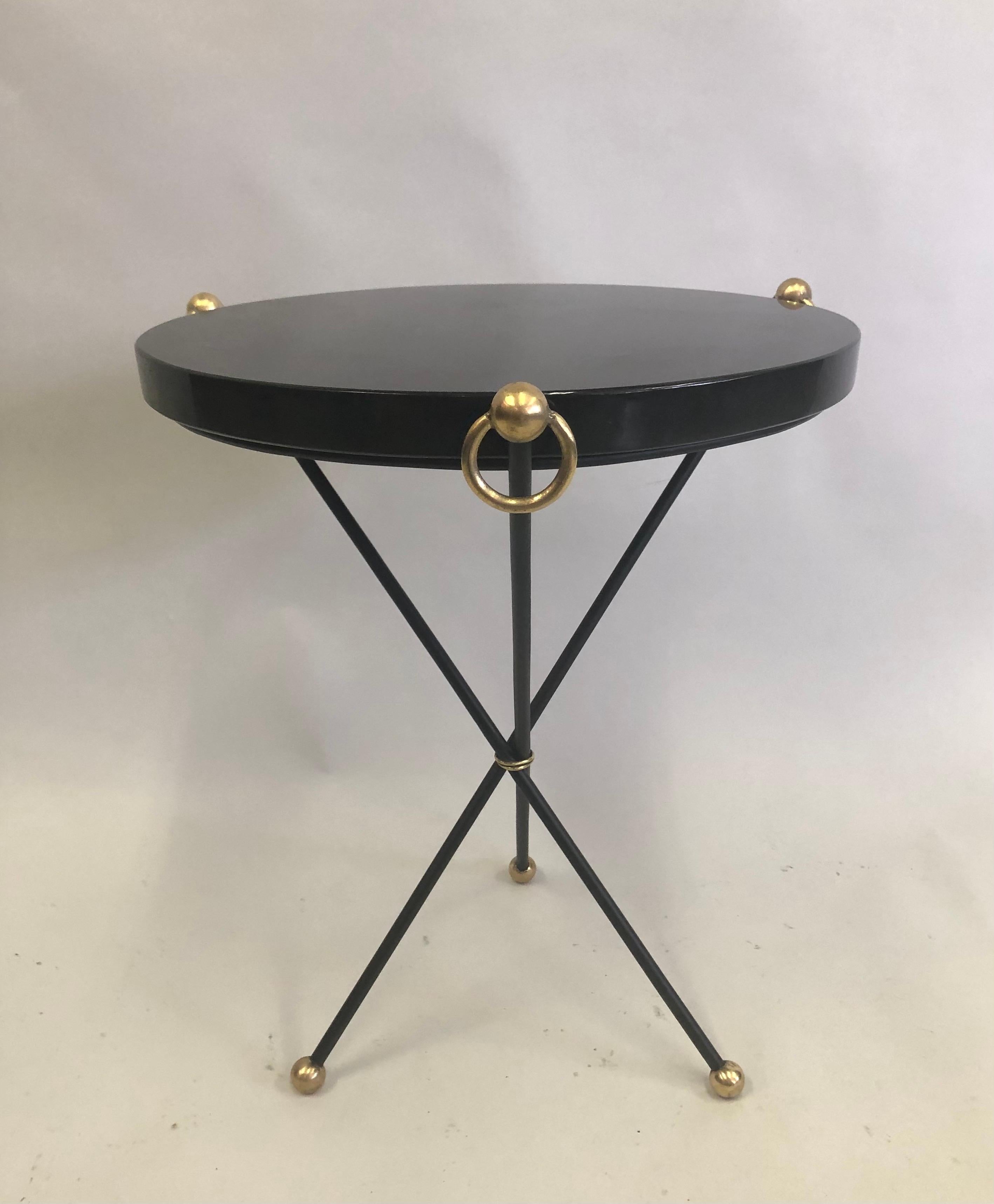 20th Century French Modern Neoclassical Iron, Brass & Stone Side Table Attr. to Jacques Adnet For Sale