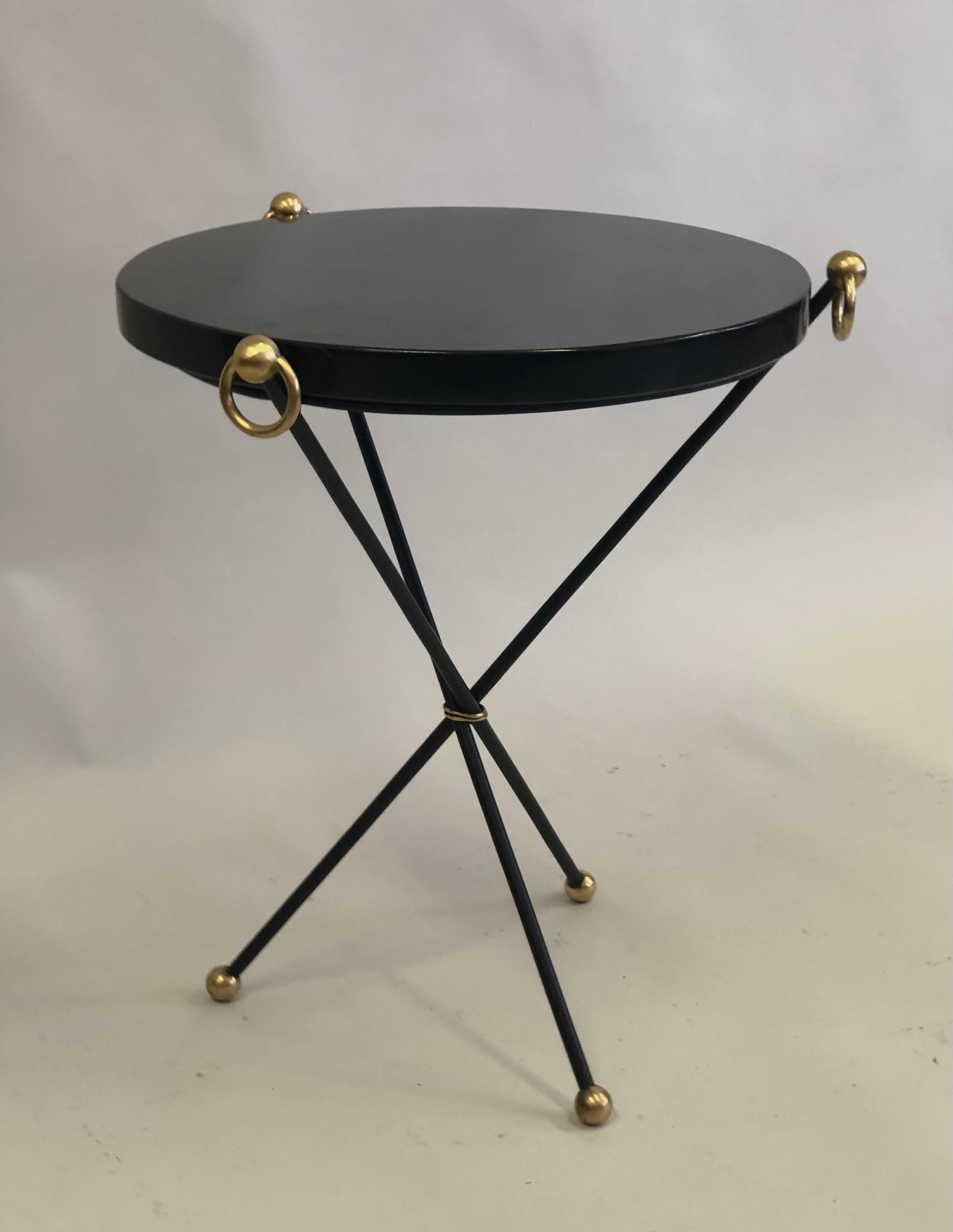 French Modern Neoclassical Iron, Brass & Stone Side Table Attr. to Jacques Adnet For Sale 1