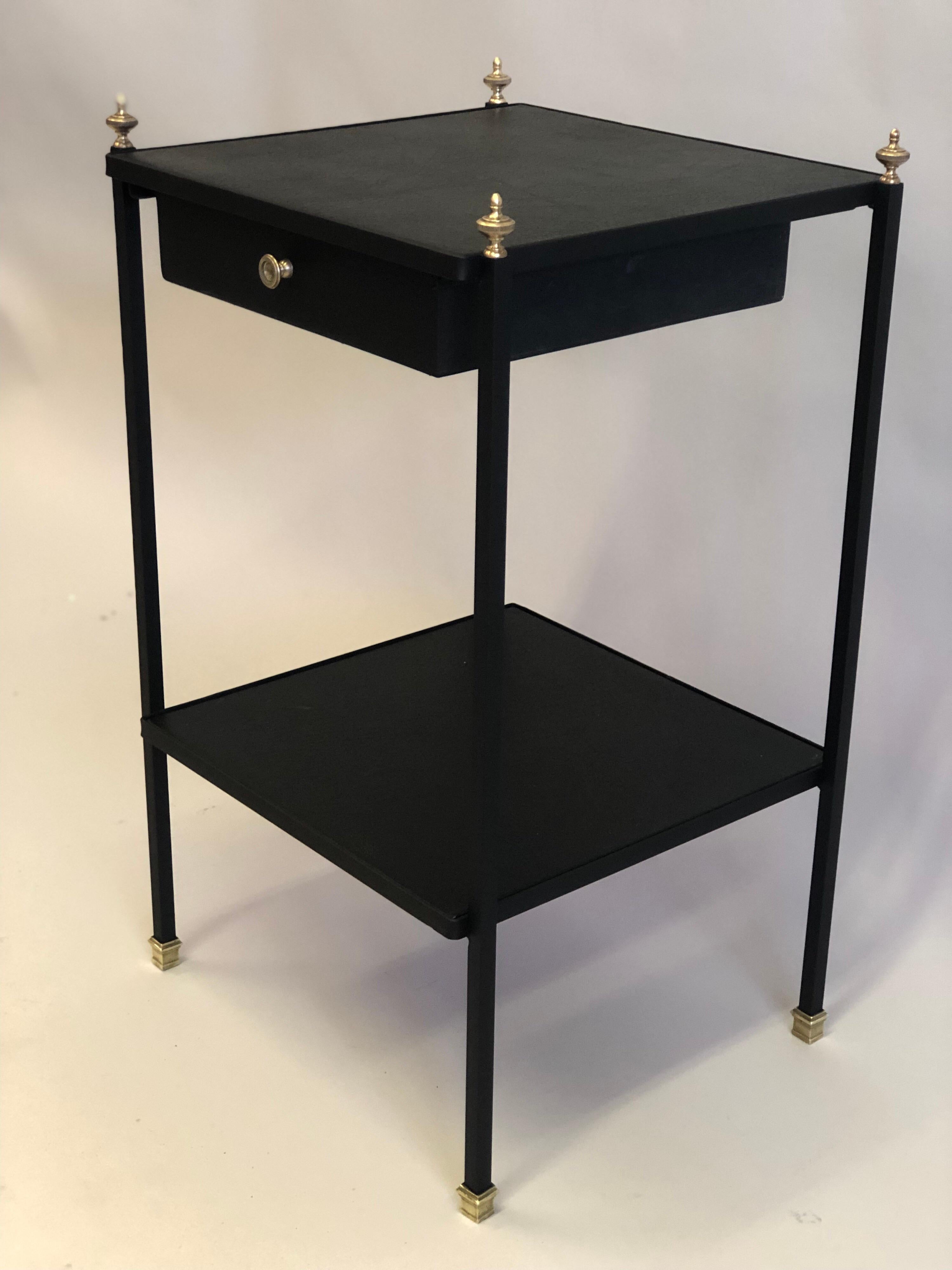 Brass French Modern Neoclassical Iron & Leather Side Table/Nightstand by Jacques Adnet