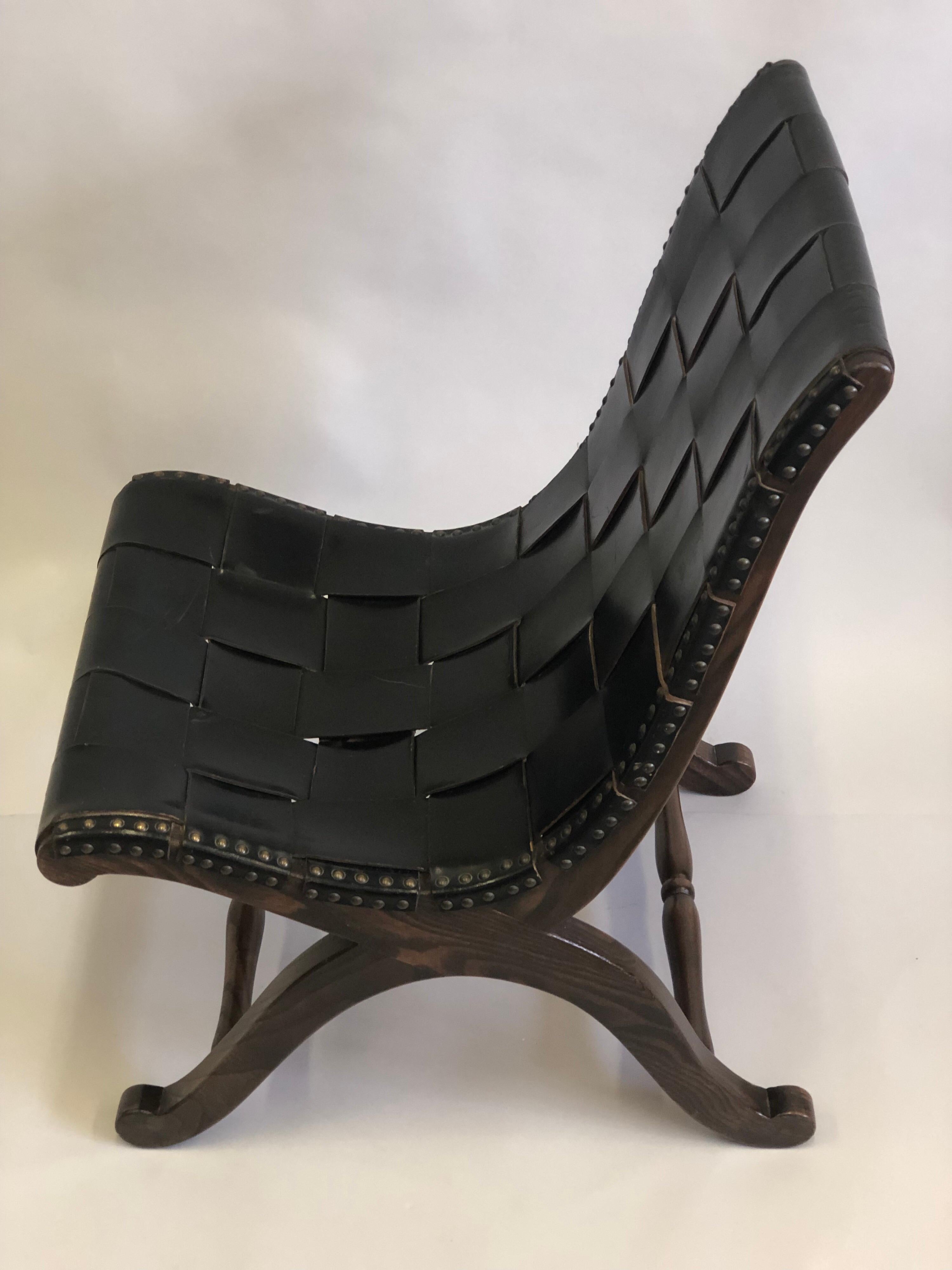 French Modern Neoclassical Leather Strap Chair and Ottoman Attr. Pierre Lottier For Sale 3
