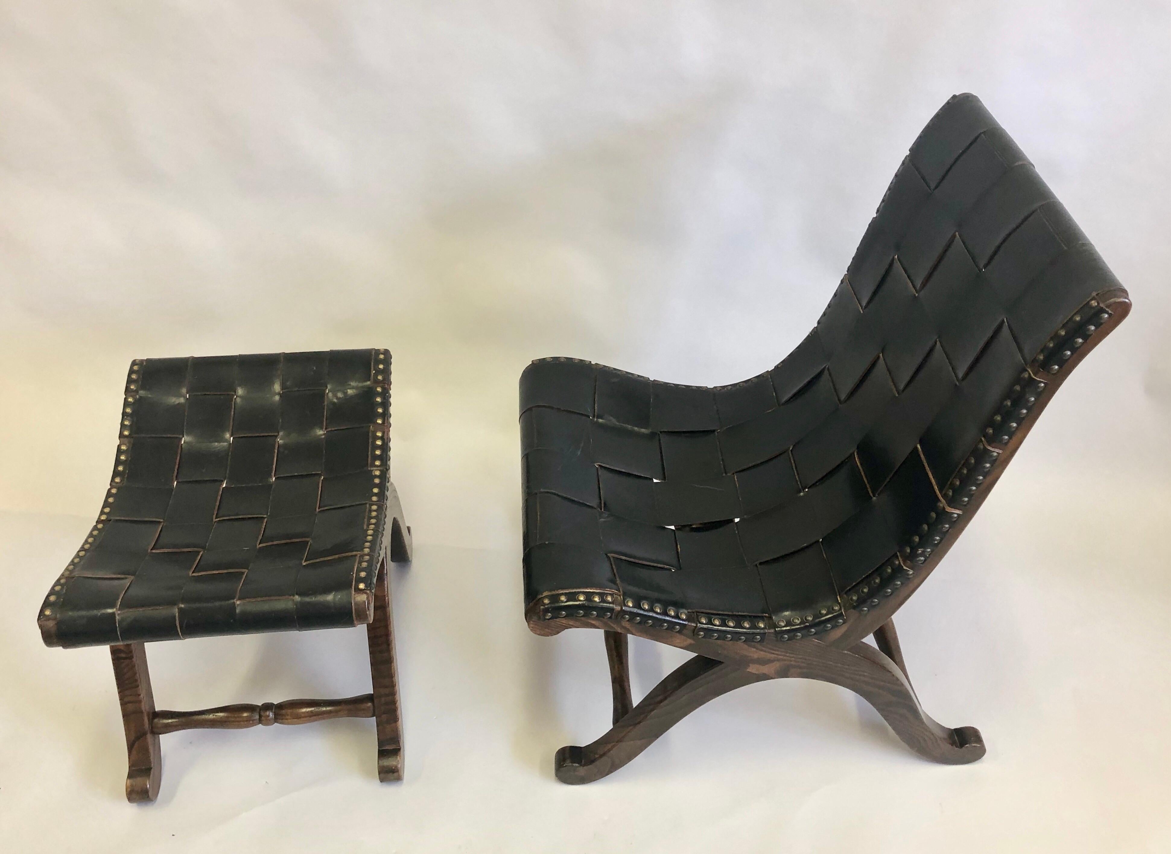 Mid-Century Modern French Modern Neoclassical Leather Strap Chair and Ottoman Attr. Pierre Lottier For Sale