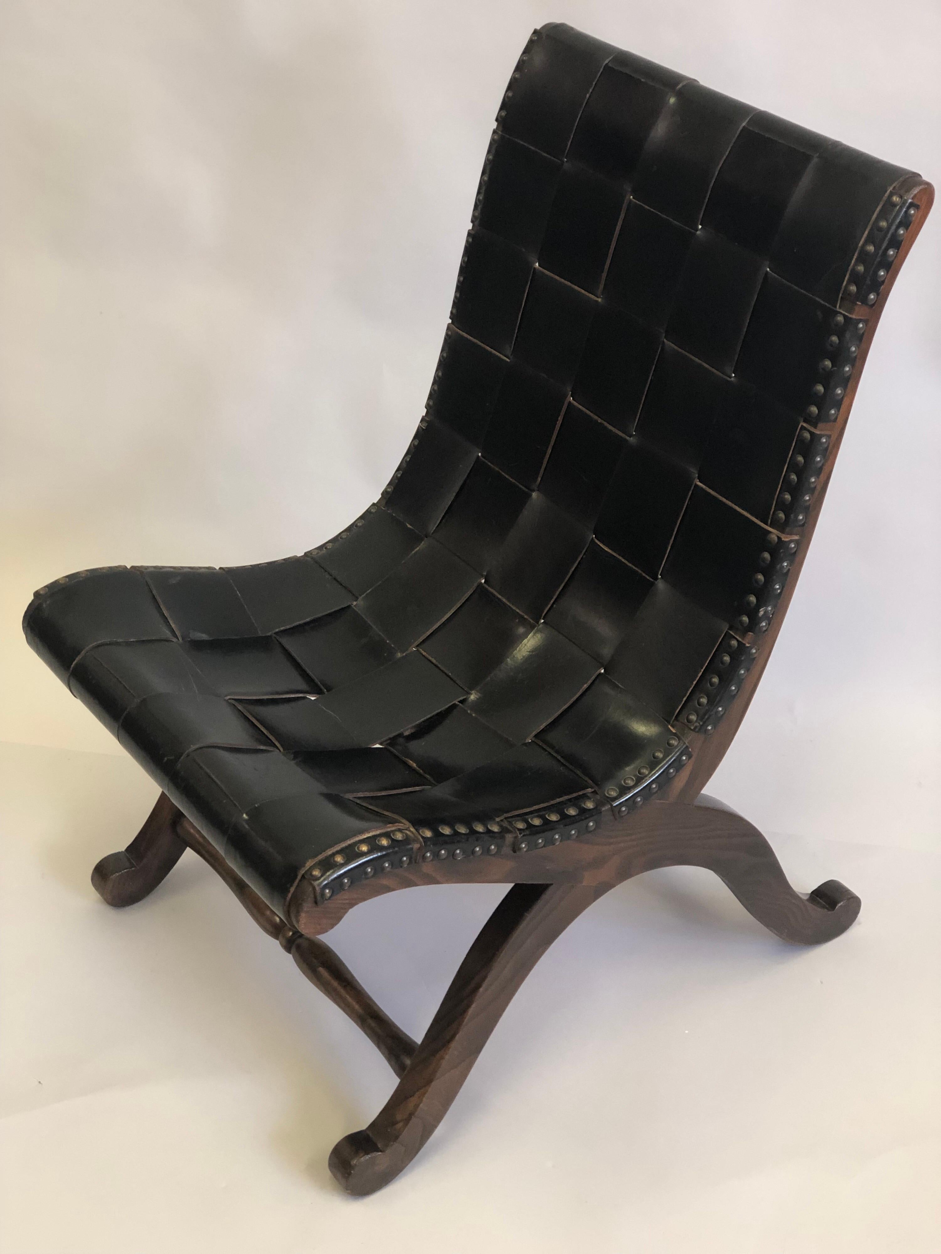 European French Modern Neoclassical Leather Strap Chair and Ottoman Attr. Pierre Lottier For Sale