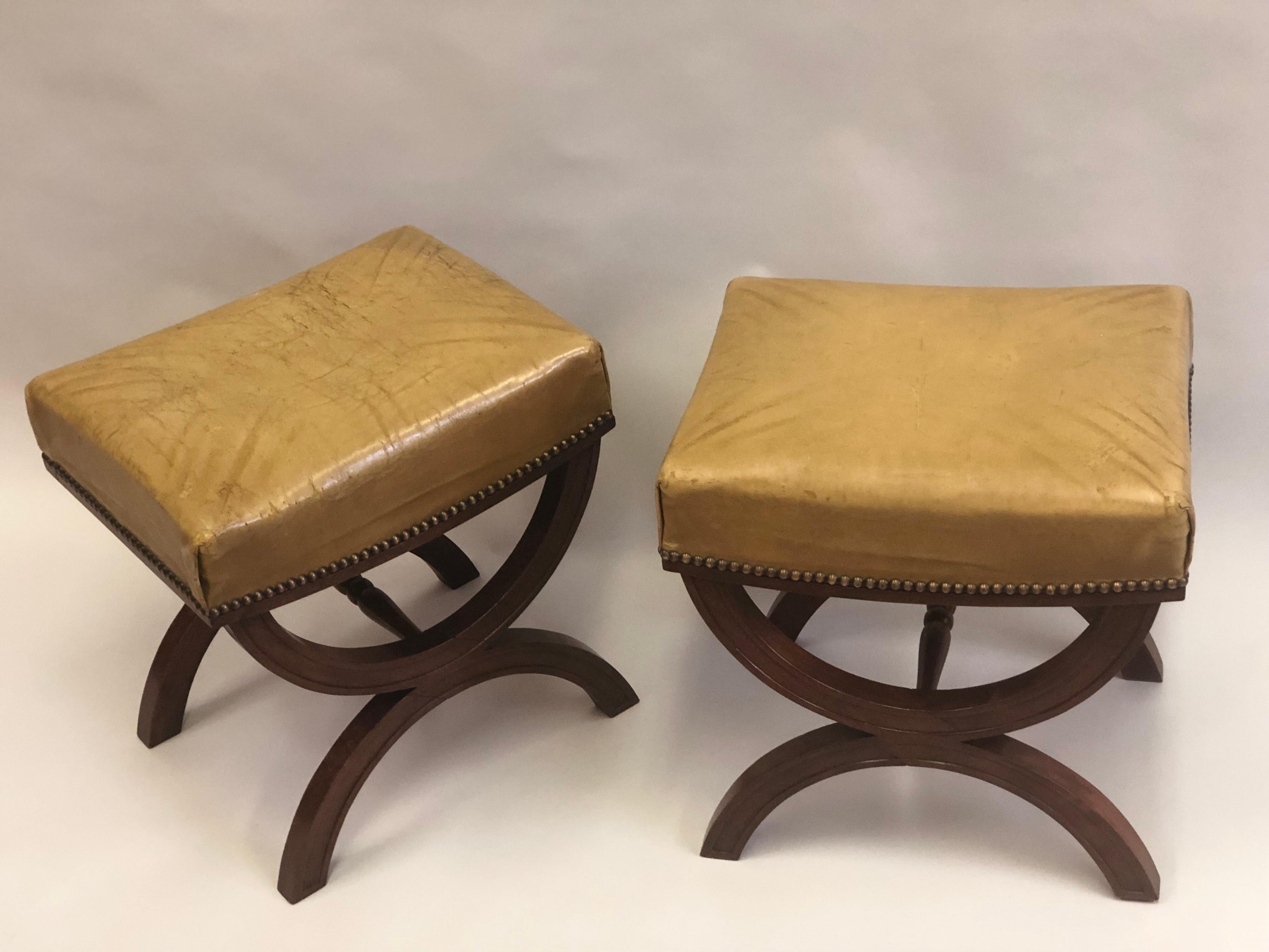 Mid-Century Modern French Modern Neoclassical Mahogany & Leather Benches/ Stools, Andre Arbus, Pair For Sale