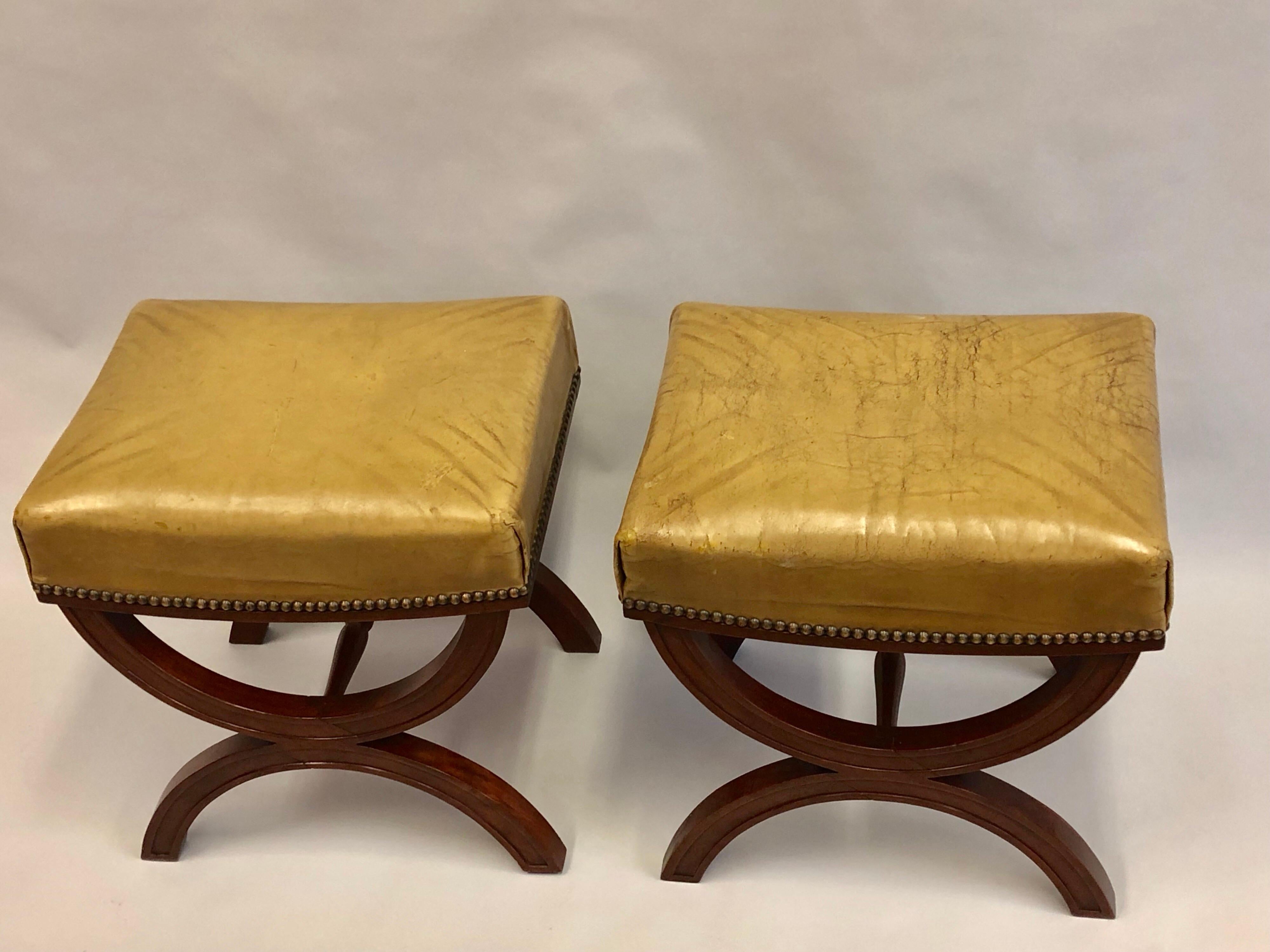 French Modern Neoclassical Mahogany & Leather Benches/ Stools, Andre Arbus, Pair In Good Condition For Sale In New York, NY