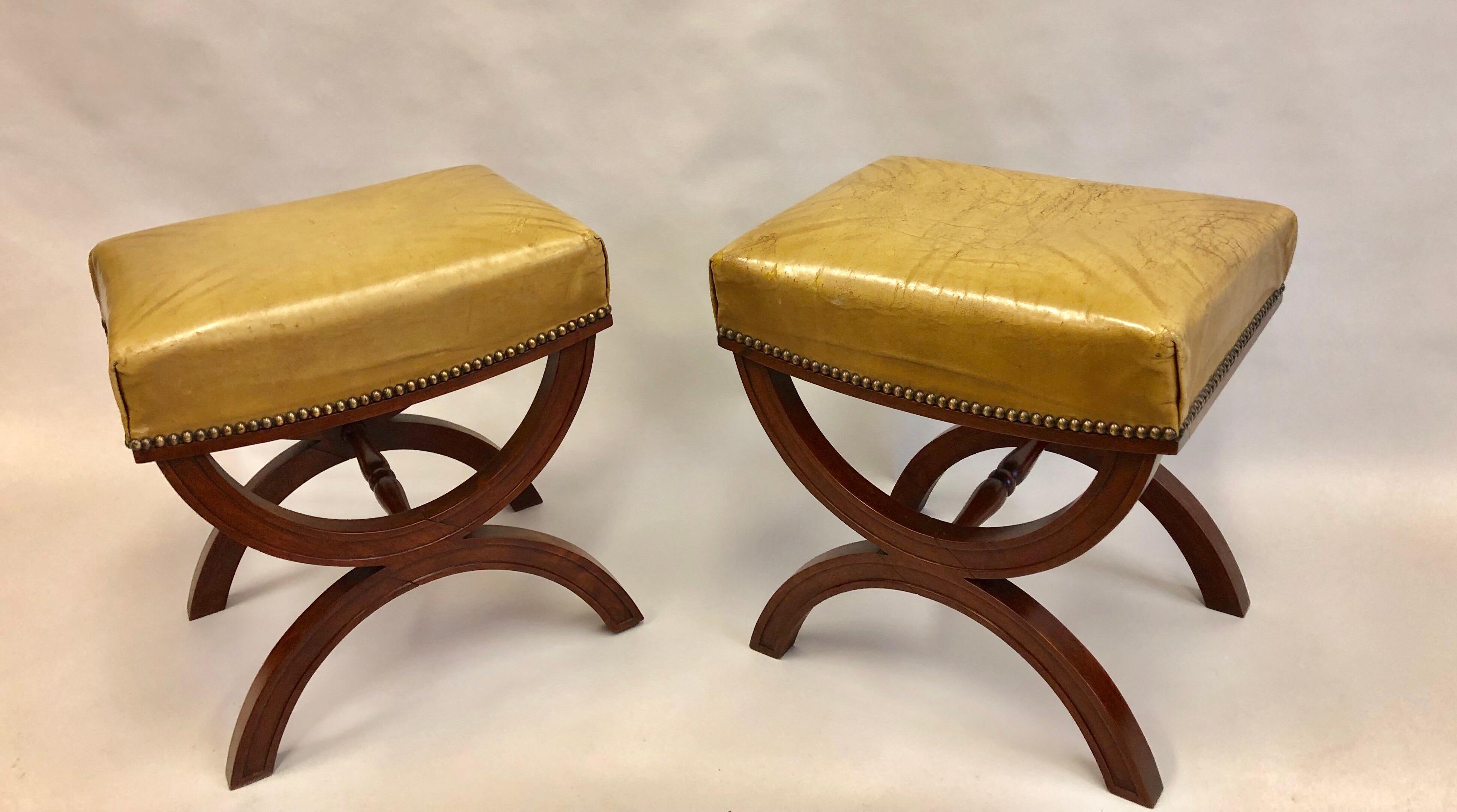 20th Century French Modern Neoclassical Mahogany & Leather Benches/ Stools, Andre Arbus, Pair For Sale