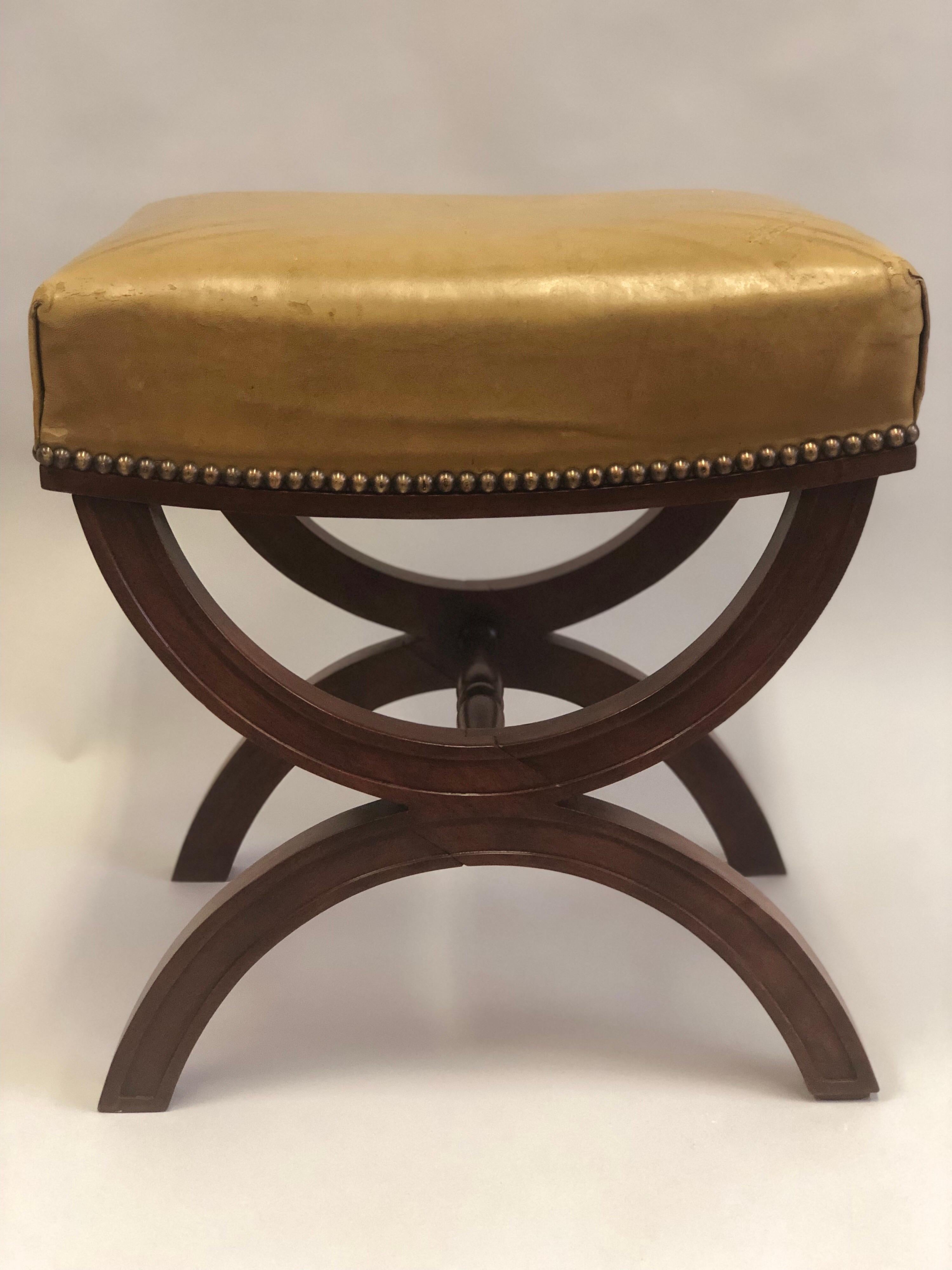 French Modern Neoclassical Mahogany & Leather Benches/ Stools, Andre Arbus, Pair For Sale 1