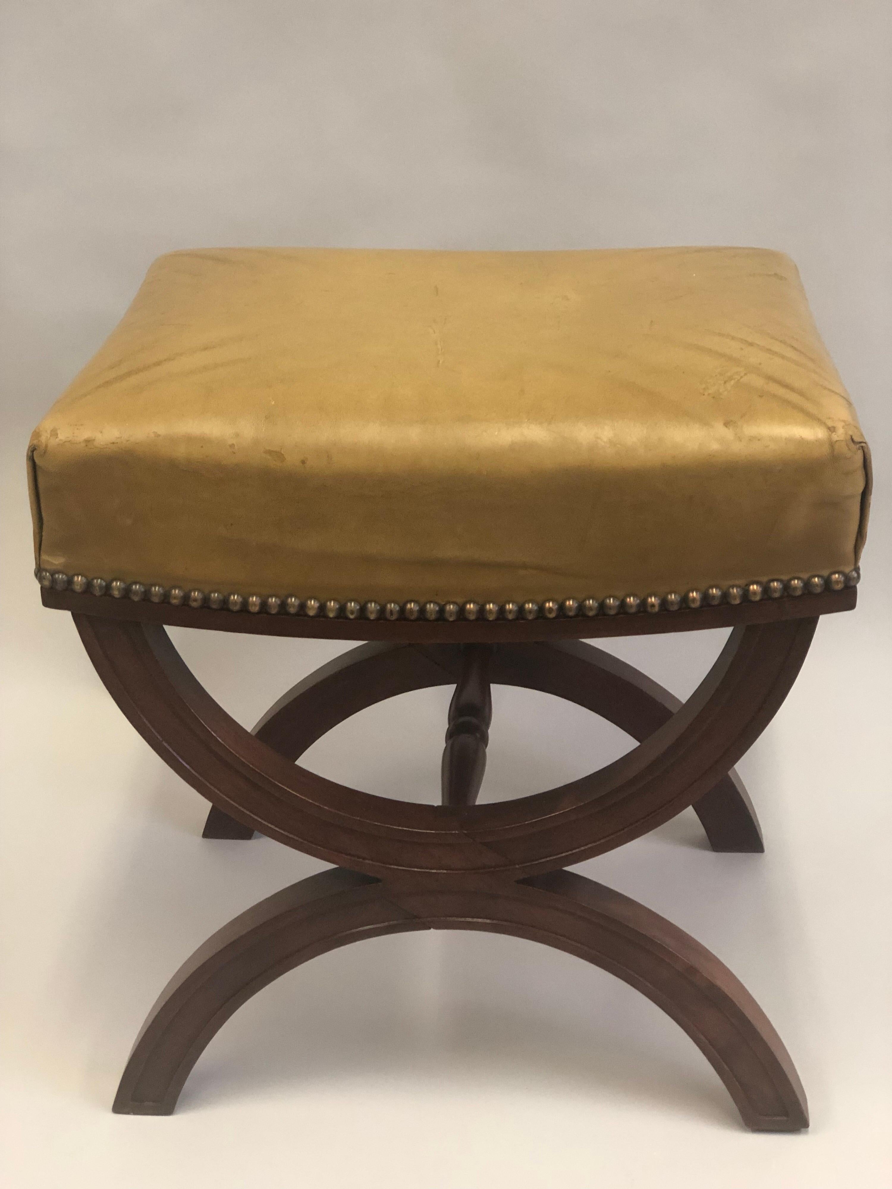 French Modern Neoclassical Mahogany & Leather Benches/ Stools, Andre Arbus, Pair For Sale 2