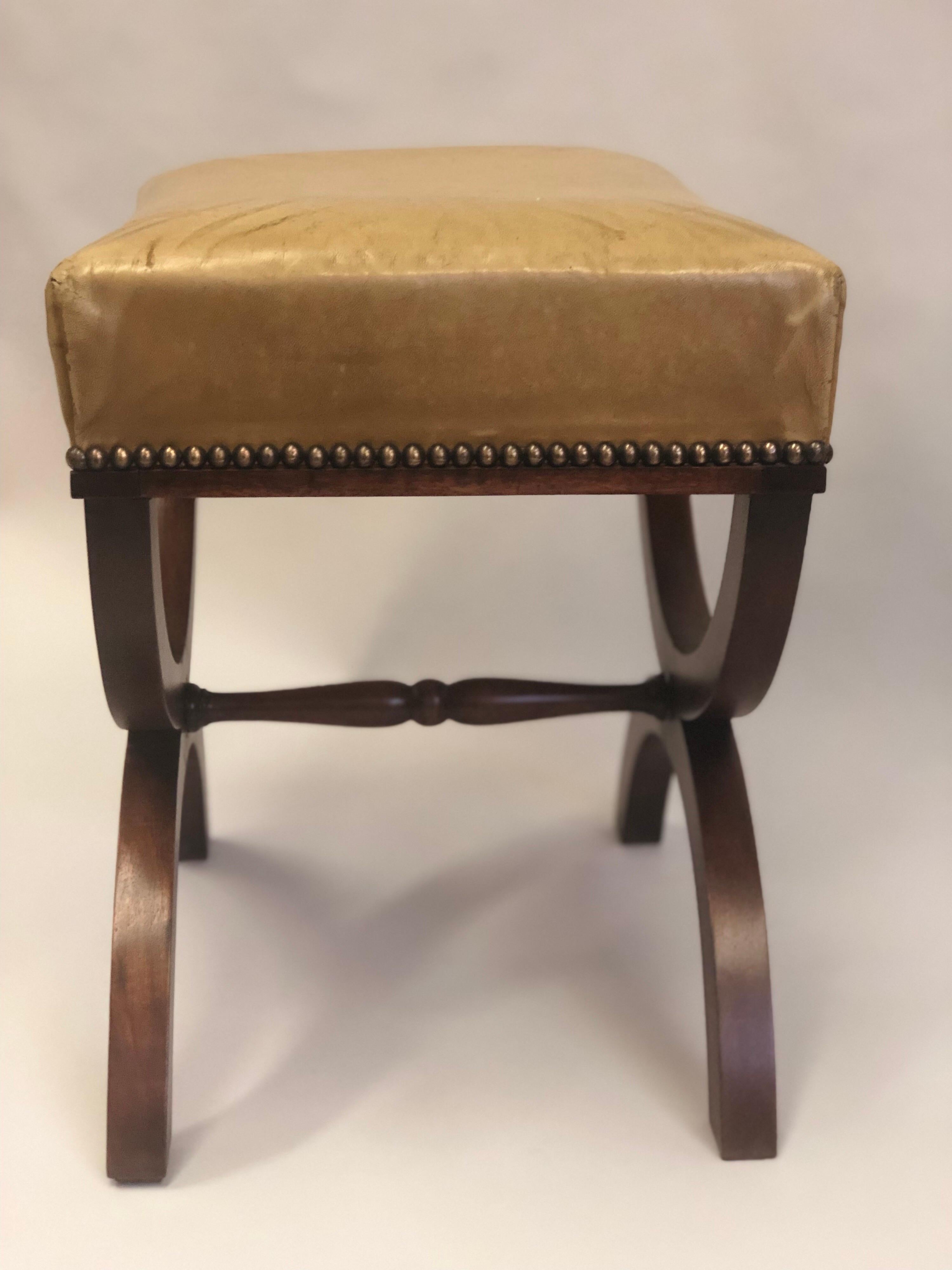 French Modern Neoclassical Mahogany & Leather Benches/ Stools, Andre Arbus, Pair For Sale 4