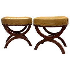French Modern Neoclassical Mahogany & Leather Benches/ Stools, Andre Arbus, Pair