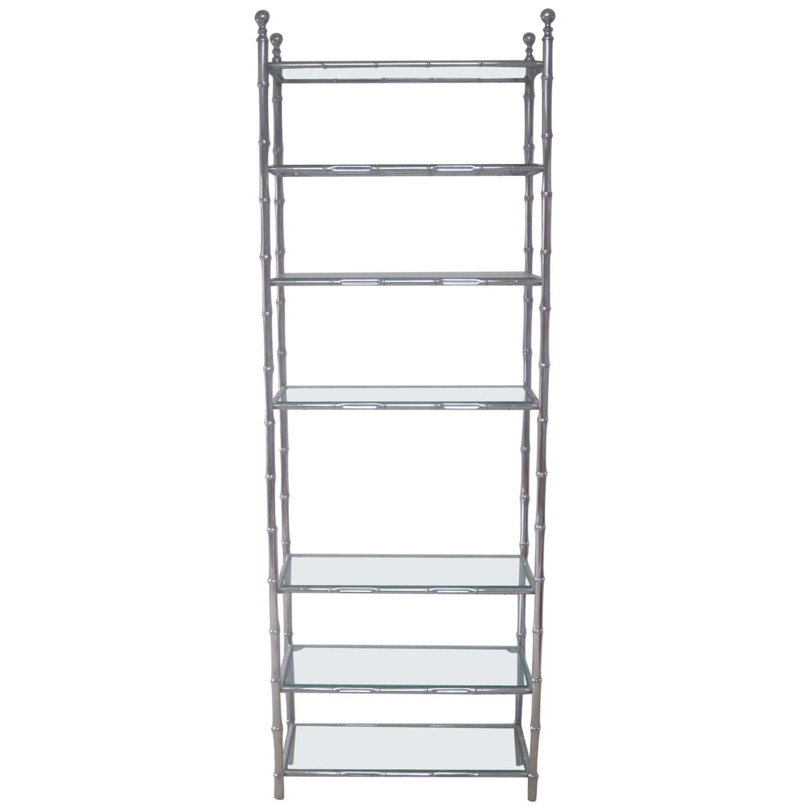 French Modern Neoclassical Nickel Faux Bamboo & Glass Storage Shelves by Baguès