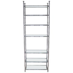 French Modern Neoclassical Nickel Faux Bamboo & Glass Storage Shelves by Baguès