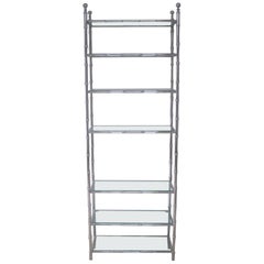 Retro French Modern Neoclassical Nickel Faux Bamboo & Glass Storage Shelves by Baguès