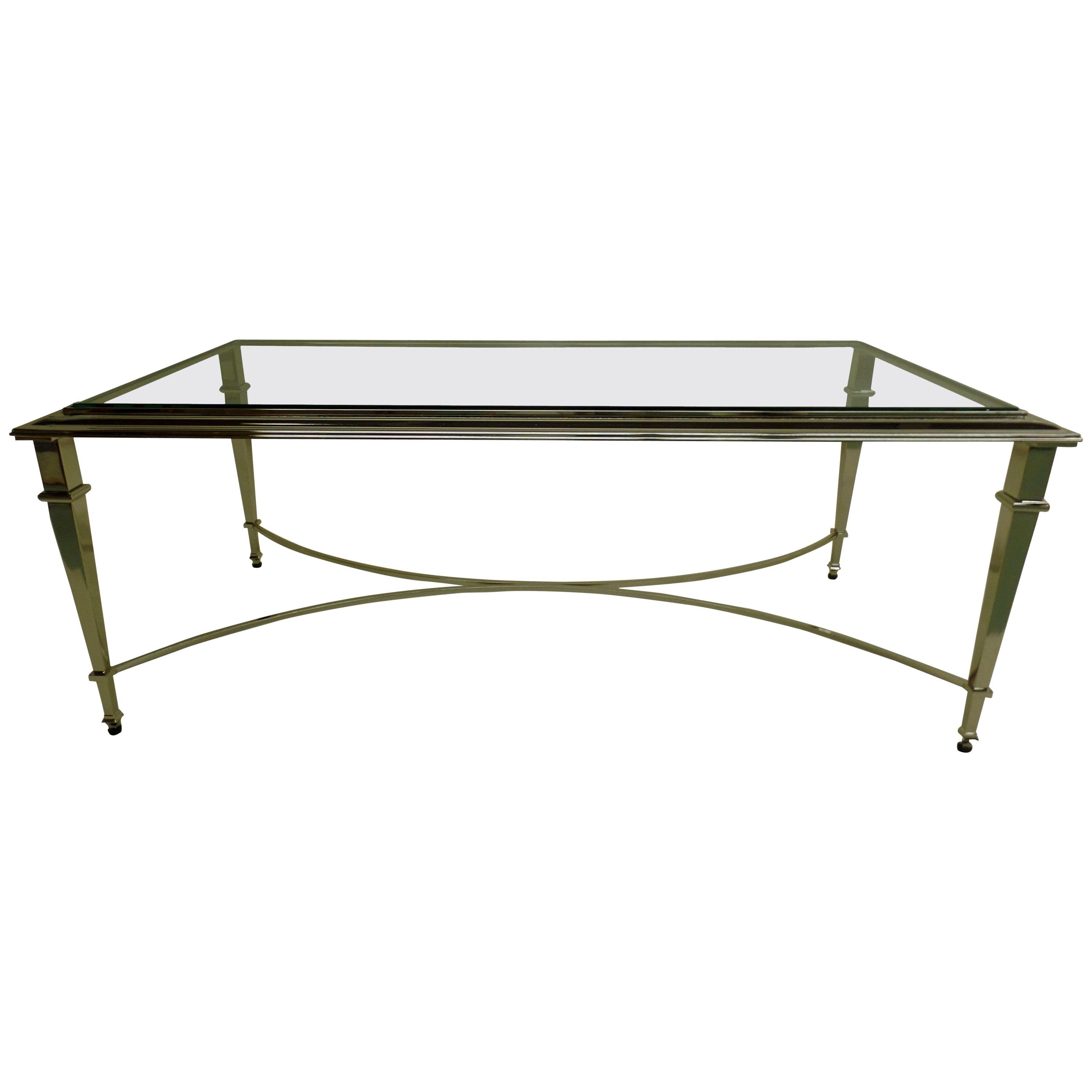 French Modern Neoclassical Polished Nickel and Glass Coffee Table, Maison Ramsay For Sale