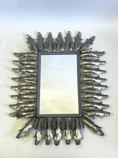 French Modern Neoclassical Steel & Tin Sunburst Wall Mirror, Gilbert Poillerat