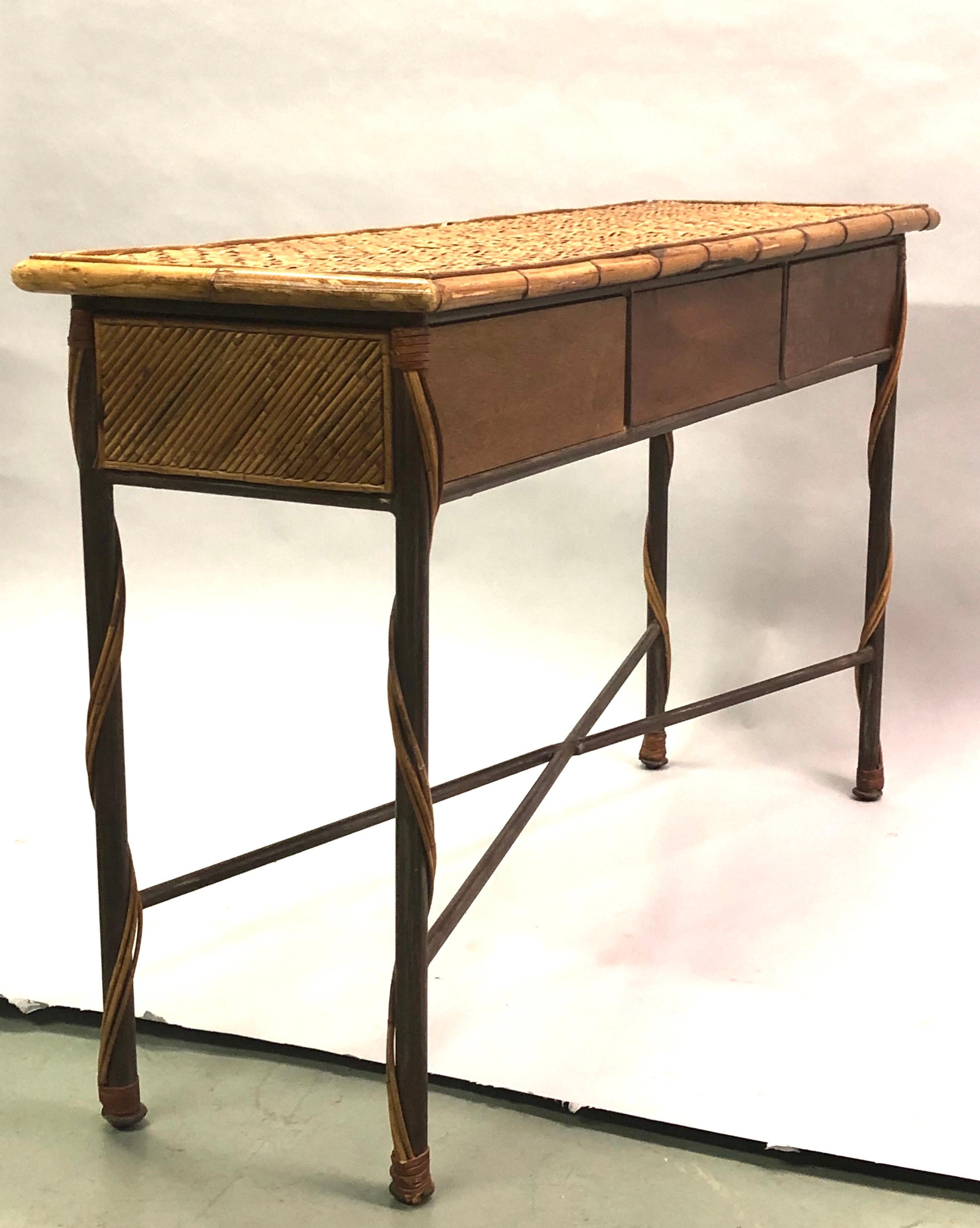Wicker French Modern Neoclassical Wrought Iron & Rattan Console, Jean-Michel Frank For Sale