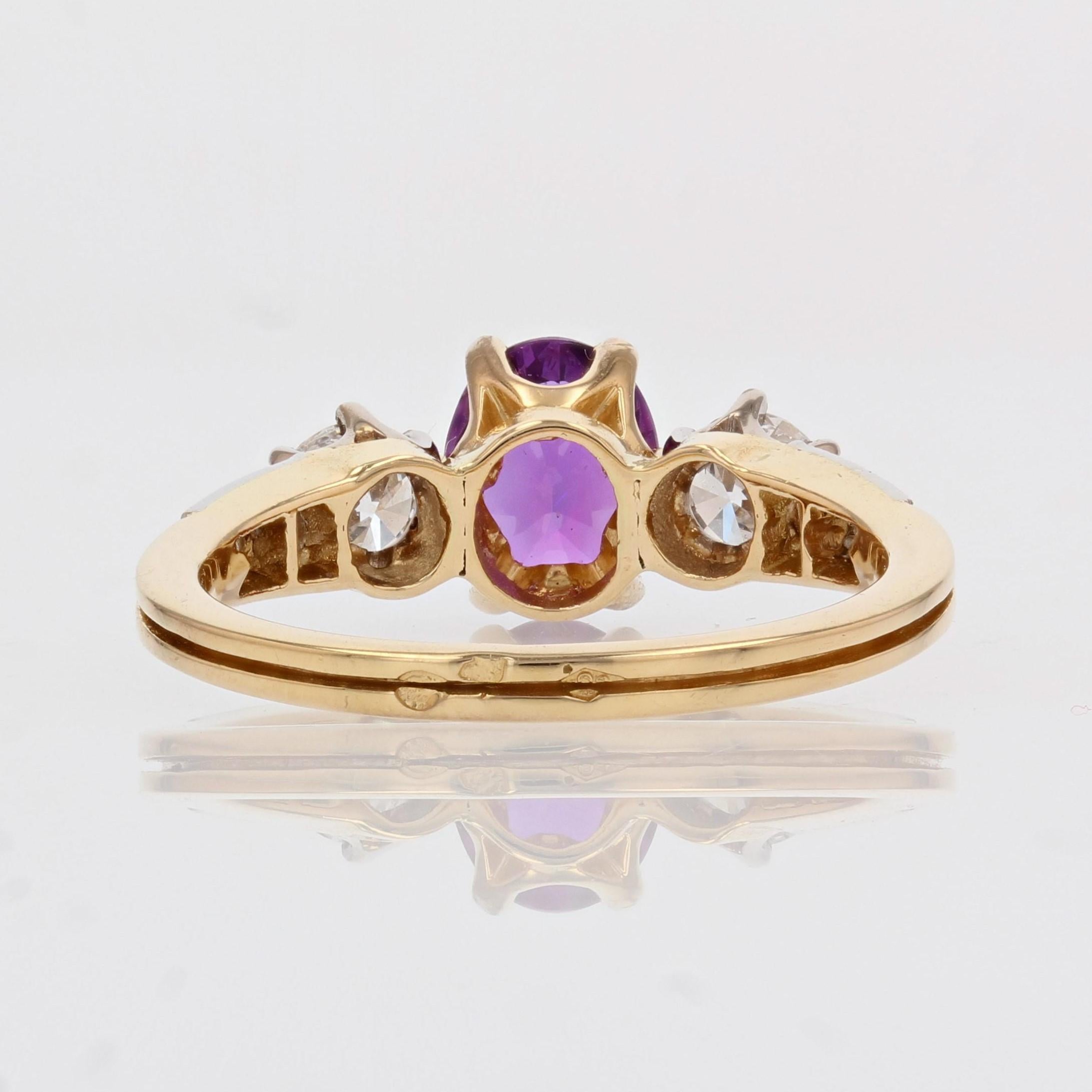 French Modern No Heat Purple Sapphire Diamonds 18 Karat Yellow Gold Ring For Sale 4