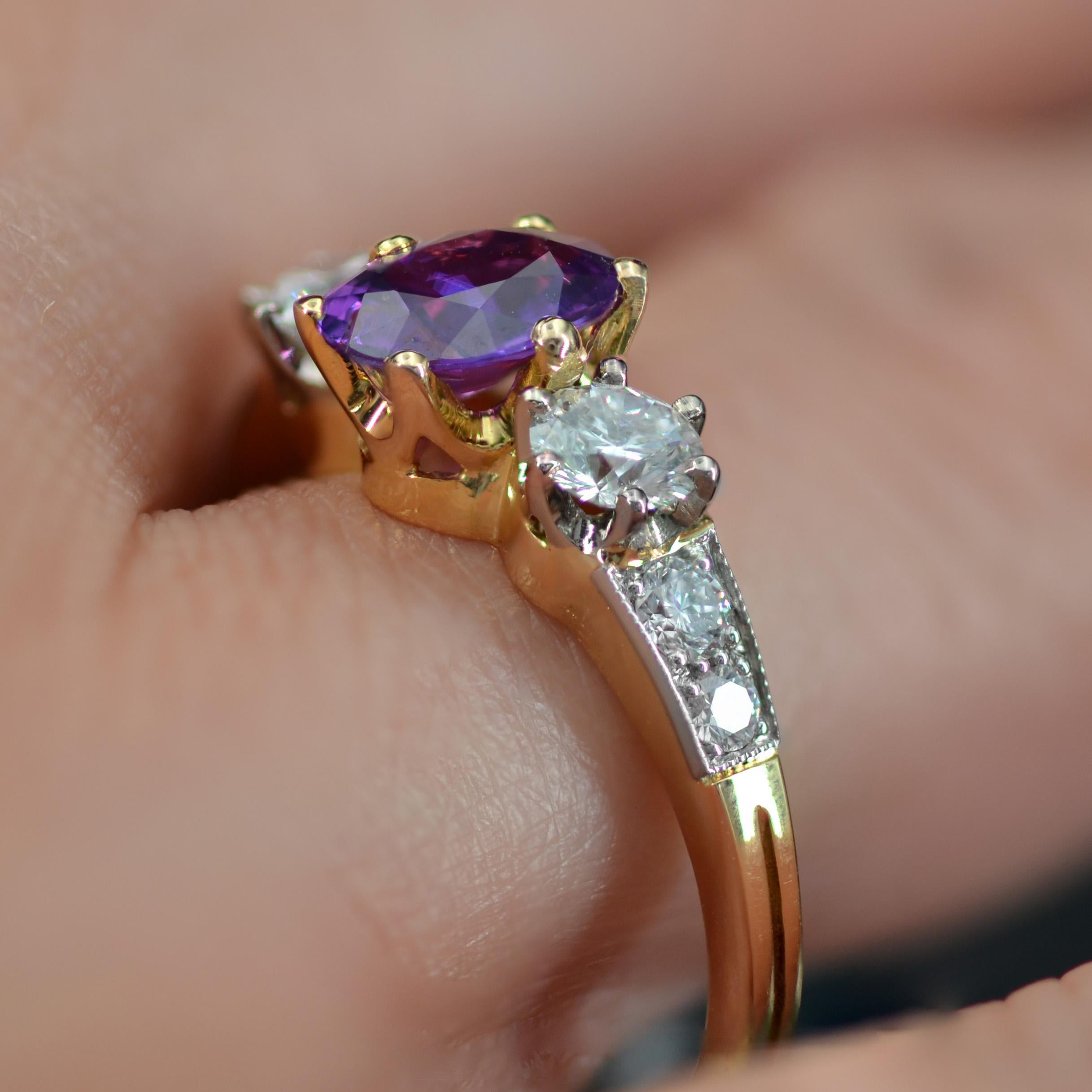 French Modern No Heat Purple Sapphire Diamonds 18 Karat Yellow Gold Ring For Sale 5
