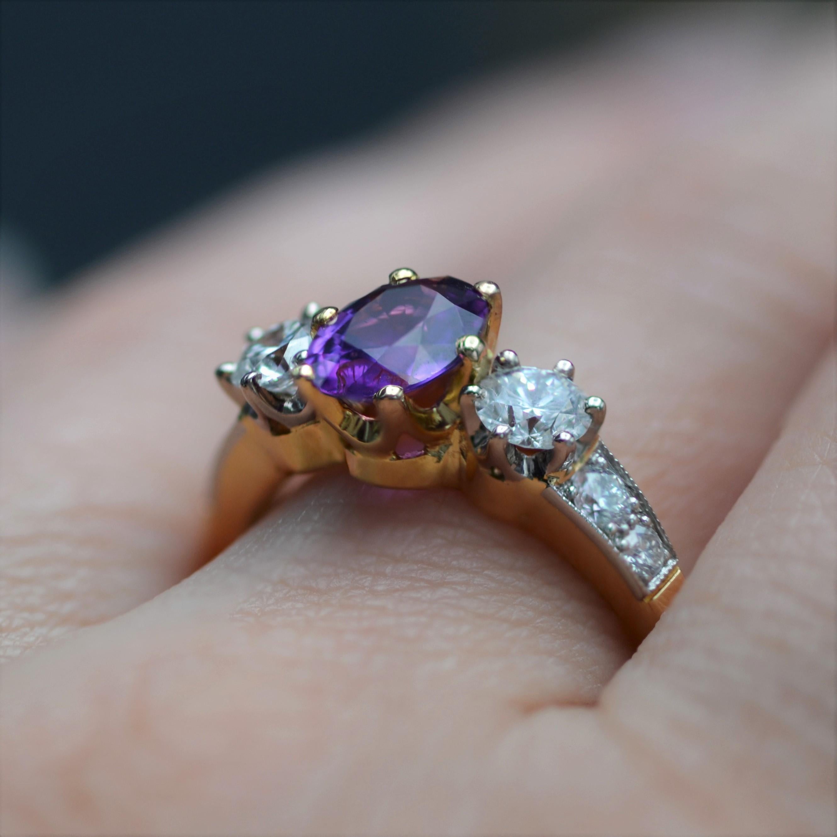 French Modern No Heat Purple Sapphire Diamonds 18 Karat Yellow Gold Ring For Sale 7