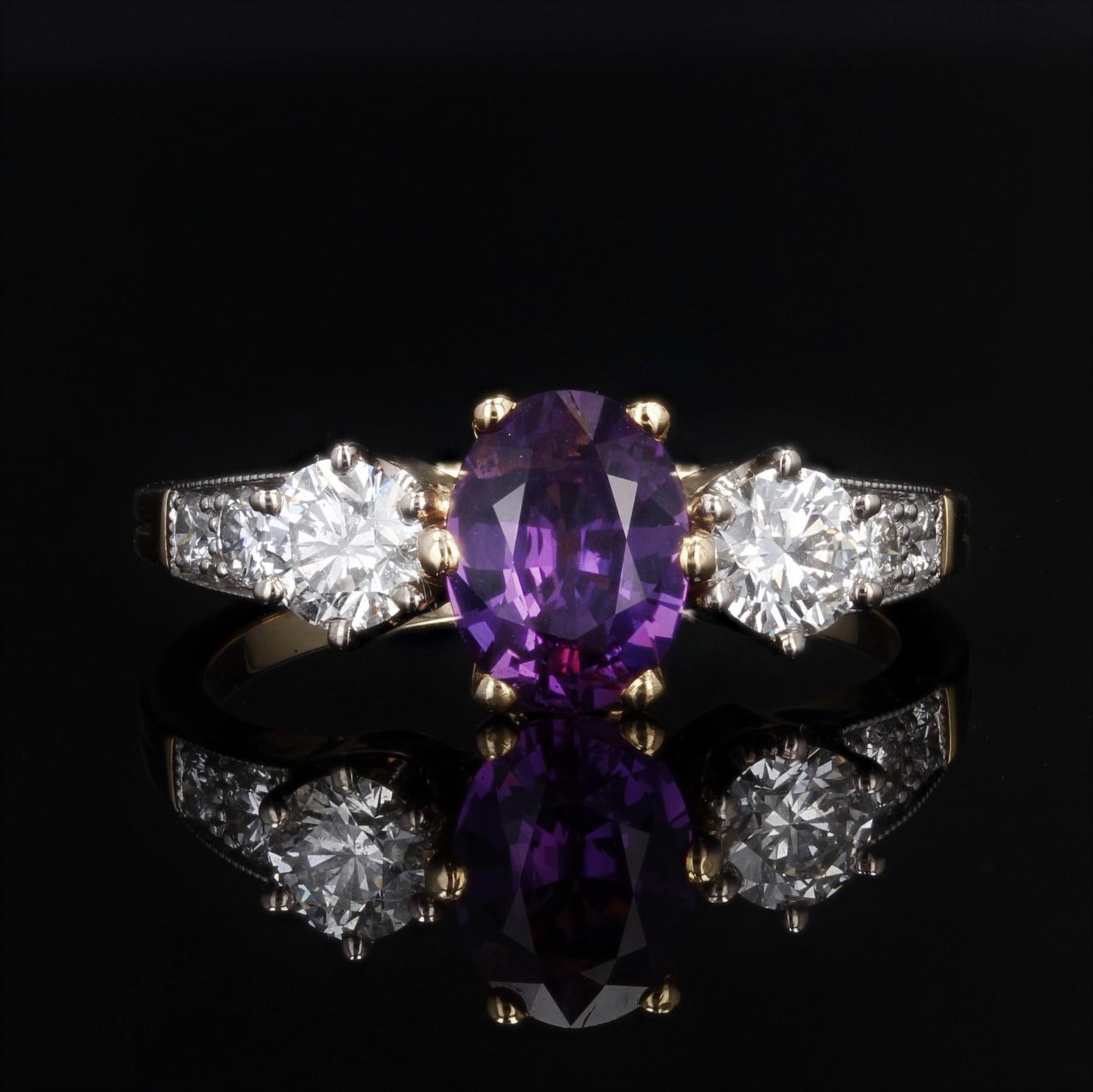Brilliant Cut French Modern No Heat Purple Sapphire Diamonds 18 Karat Yellow Gold Ring For Sale